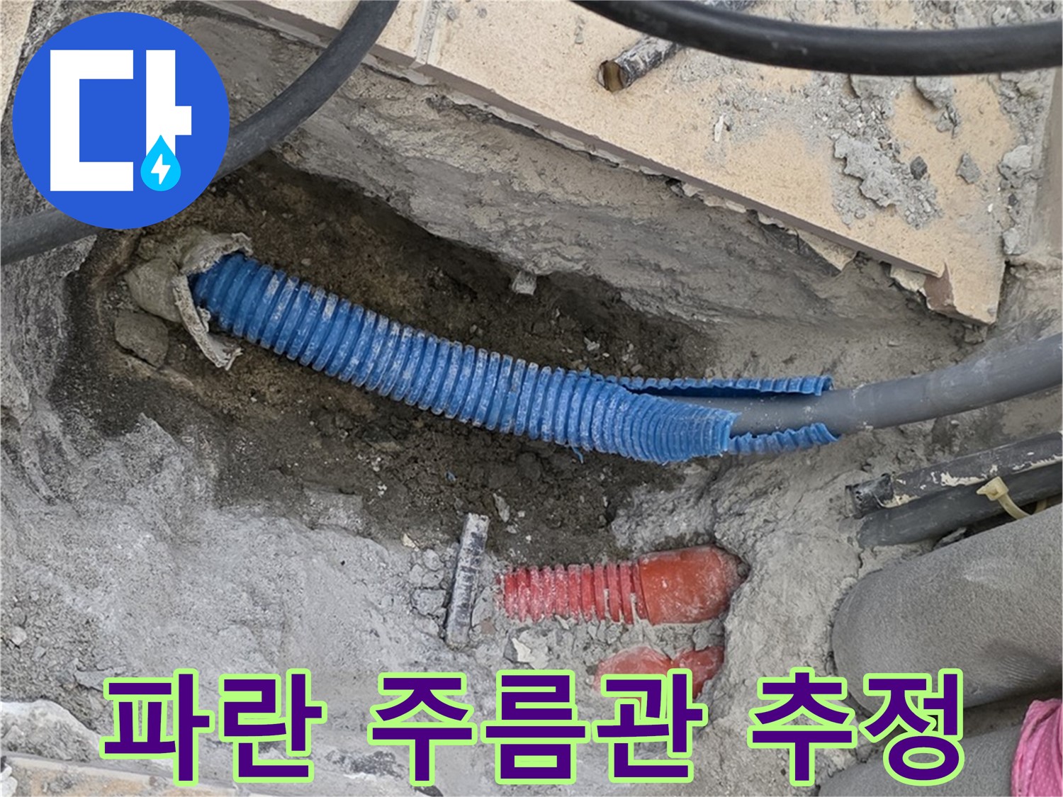 삼숭동 양주자이아파트 누수 - 굴착 후 파란 주름관 냉수 배관 추정
