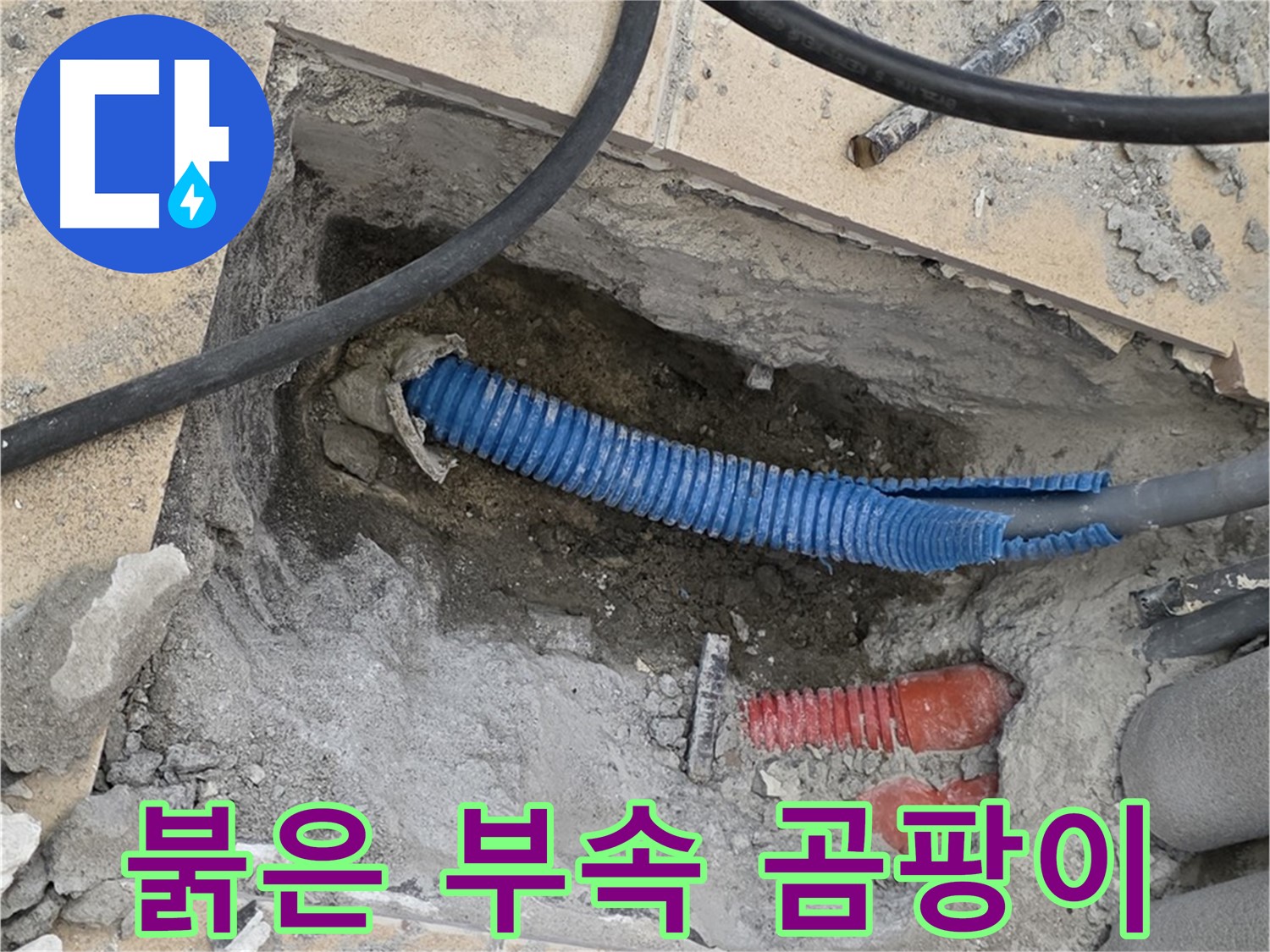 삼숭동 자이 누수 - 굴착 후 붉은색 부속과 곰팡이 핀 콘크리트