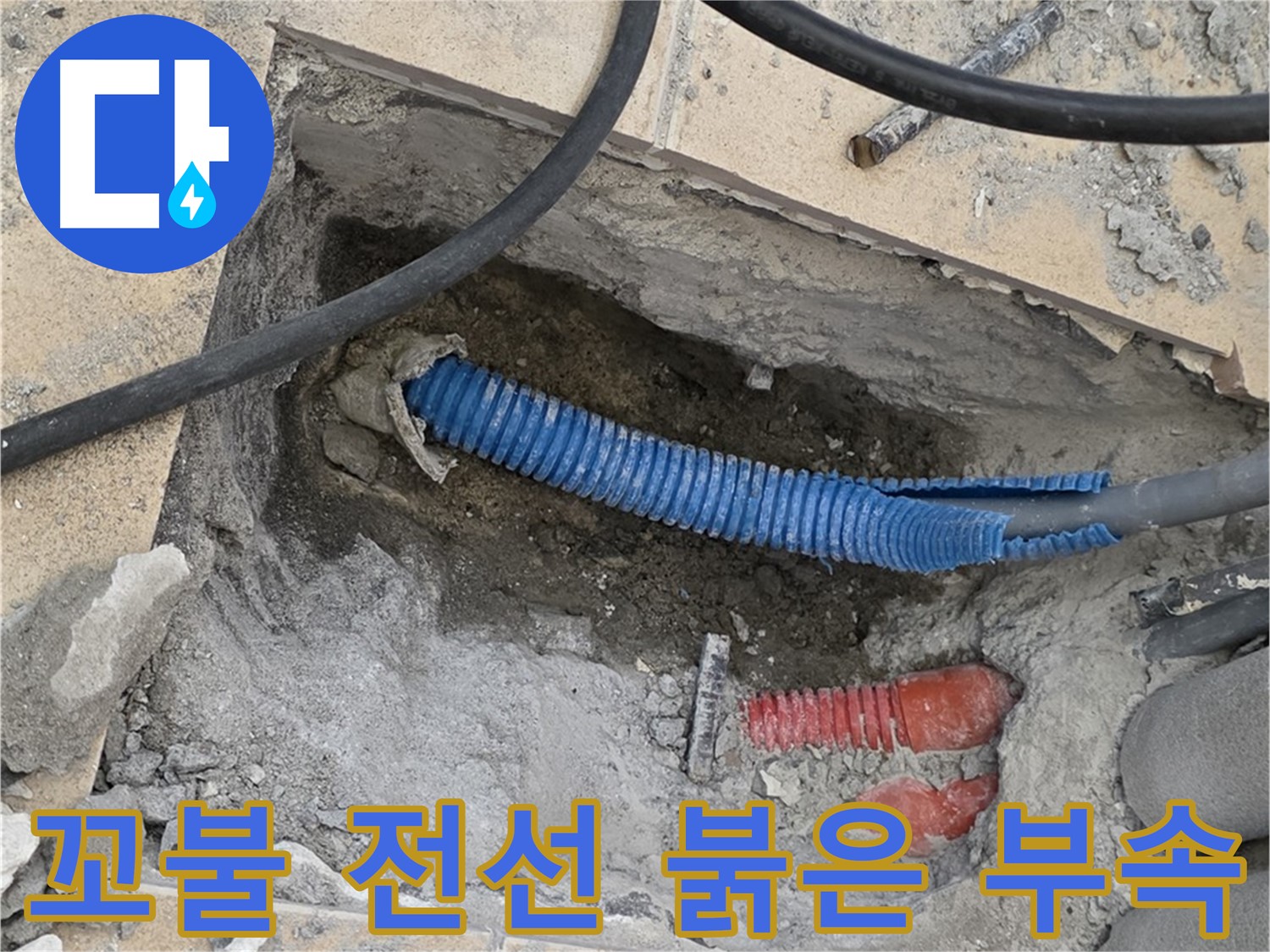 양주 삼숭동 자이아파트 누수 - 굴착 후 꼬불거리는 파란 전선관과 붉은색 연결 부속이 짠 하고 나타났네요