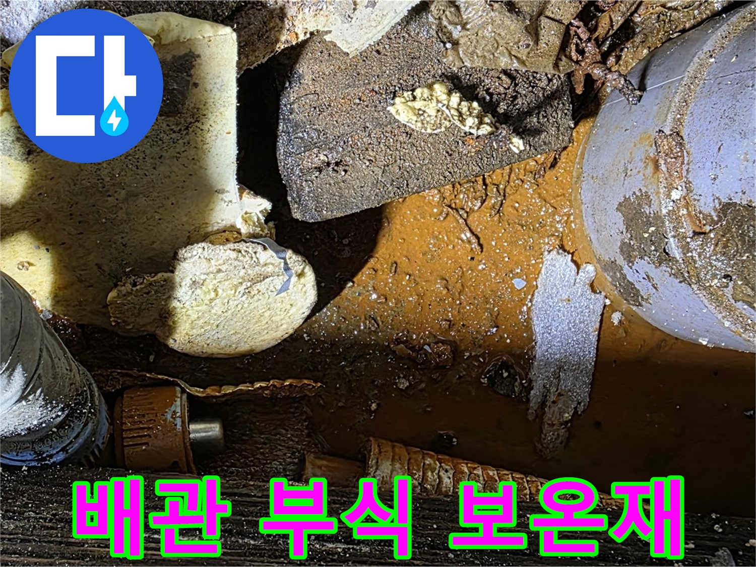 처인구 원삼 누수 현장 - 낡은 배관 부식과 보온재 손상 - 누수 해결 사례를 보여줍니다.