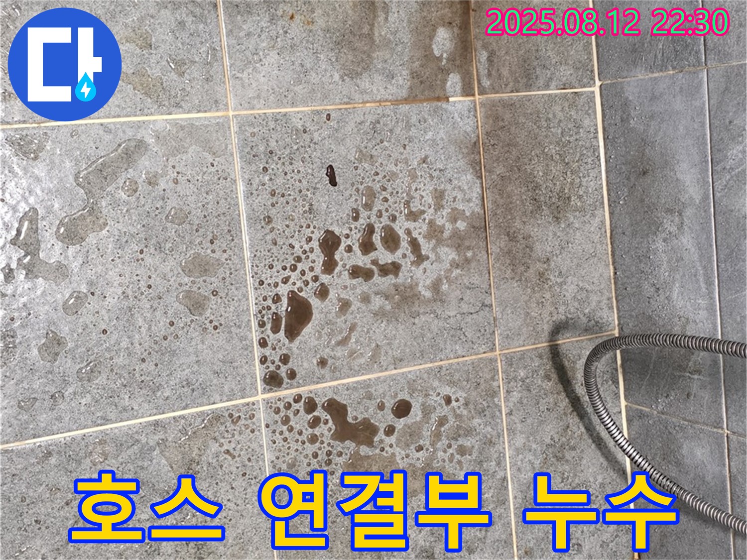 샤워기 호스 연결부 - 물 떨어짐, 부식, 누수 가능성 높음