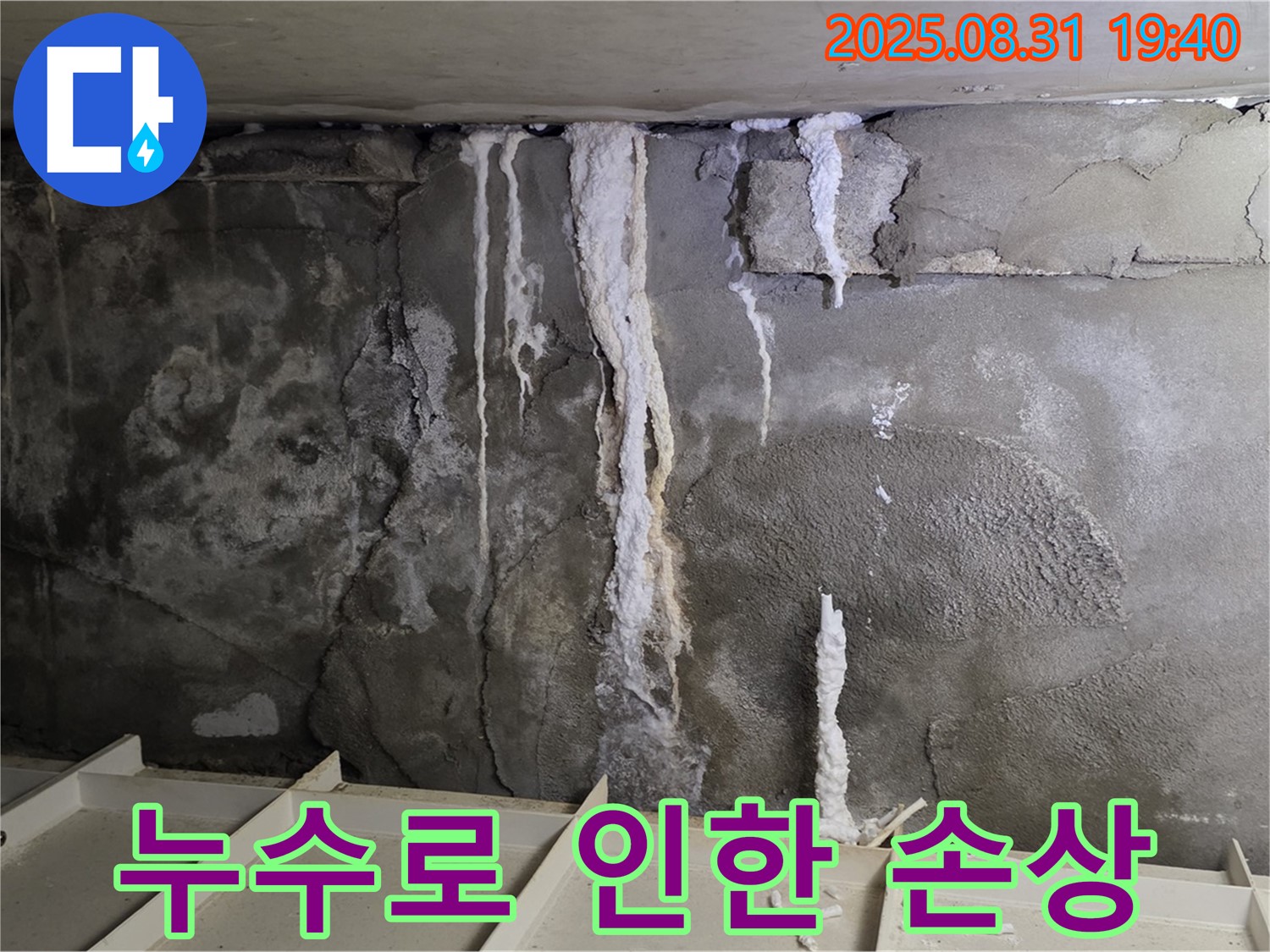 누수로 인한 손상 - 분당구 산운동 건물에서 누수로 인해 벽면이 젖고 손상된 모습입니다. 빠른 누수 진단과 보수가 필요합니다.