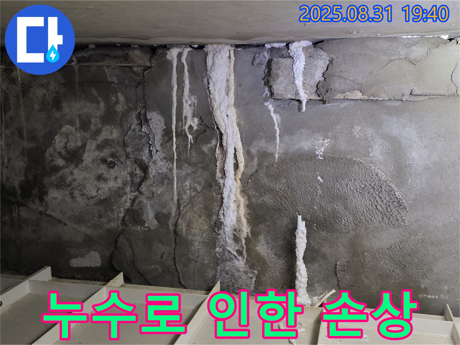 누수로 인한 손상 - 분당구 산운동 건물에서 누수로 인해 벽면이 젖고 손상된 모습입니다. 빠른 누수 진단과 보수가 필요합니다.