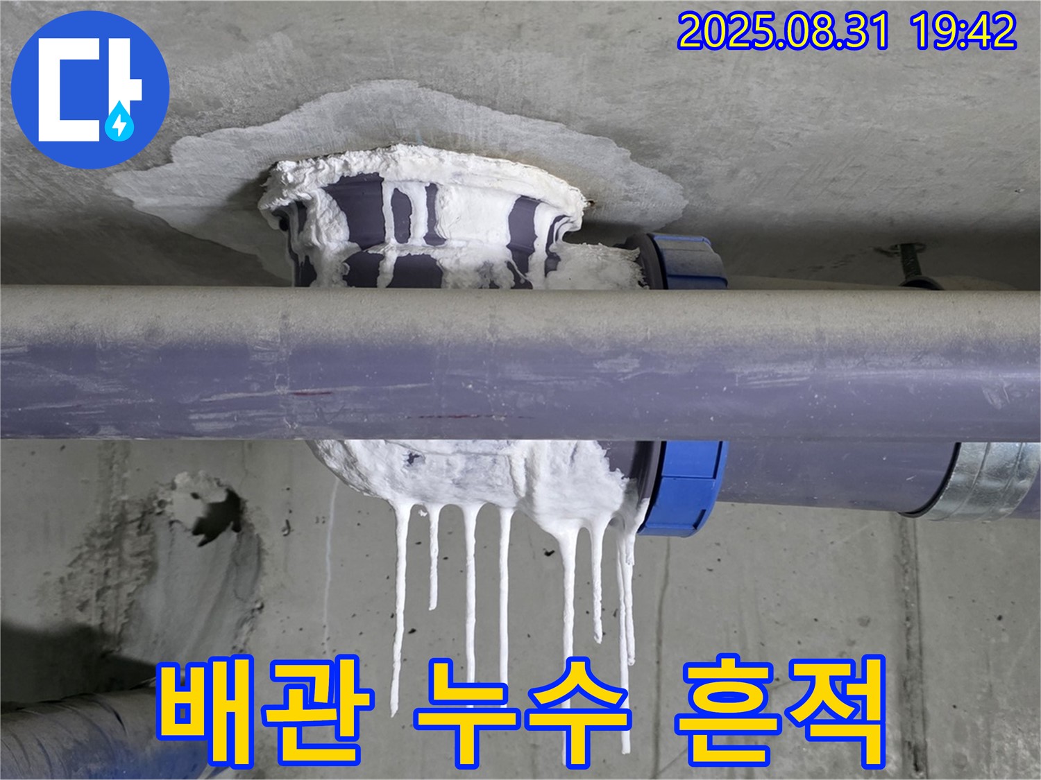 분당 운중동 산운마을 배관 누수 - 배관 주변에 하얀 석회 자국이 선명한 모습
