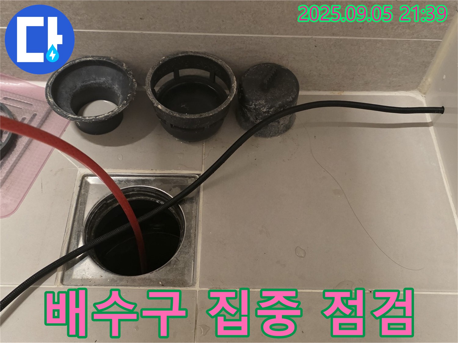 사가정 센트럴아이파크 욕실 - 배수구 주변 누수 흔적을 꼼꼼히 점검 중입니다.