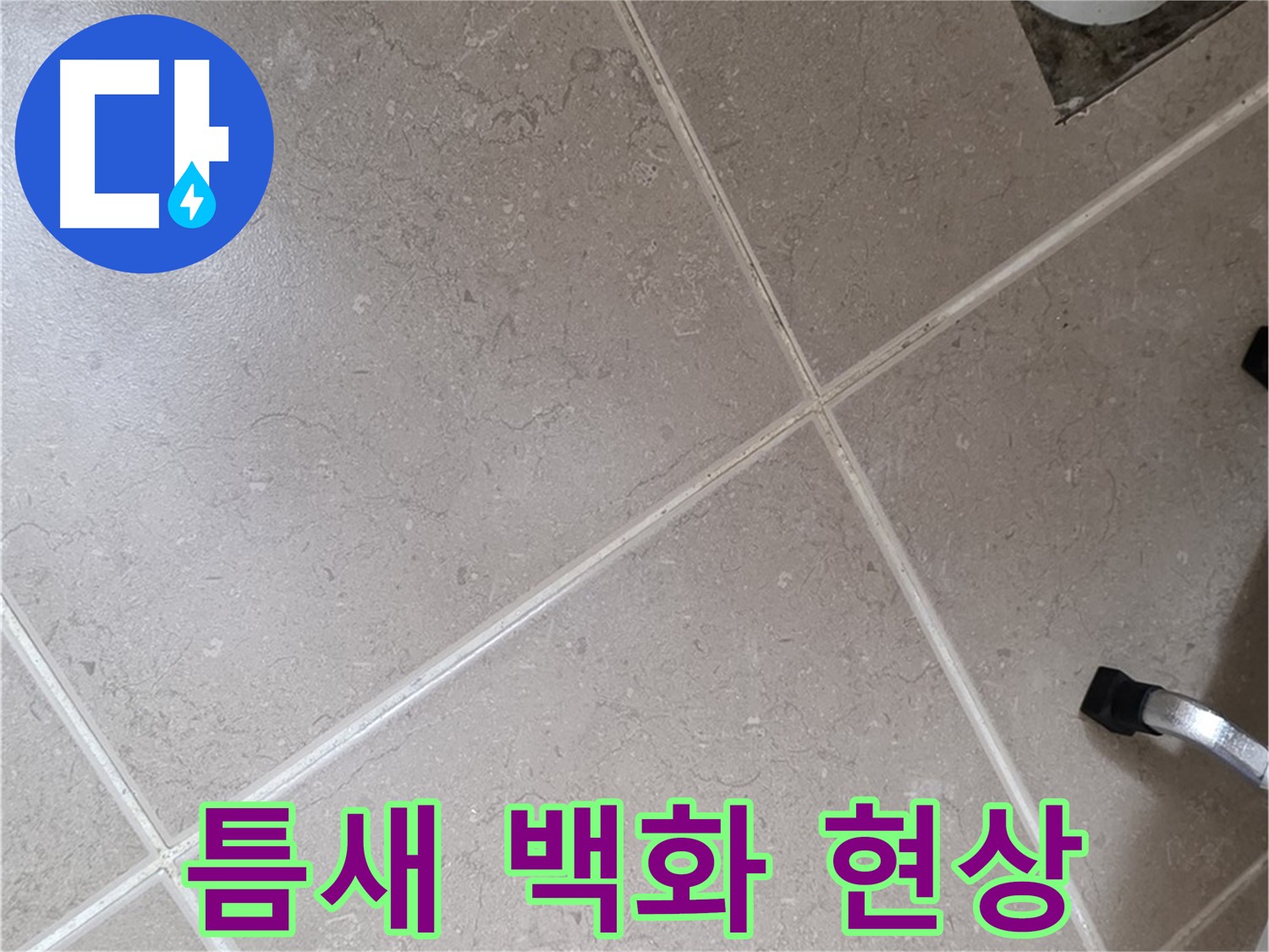 포천시 일동면 운악청계로 욕실 배수구 주변 타일 틈새 백화 현상 - 물이 증발하면서 생긴 자국일 수 있습니다.