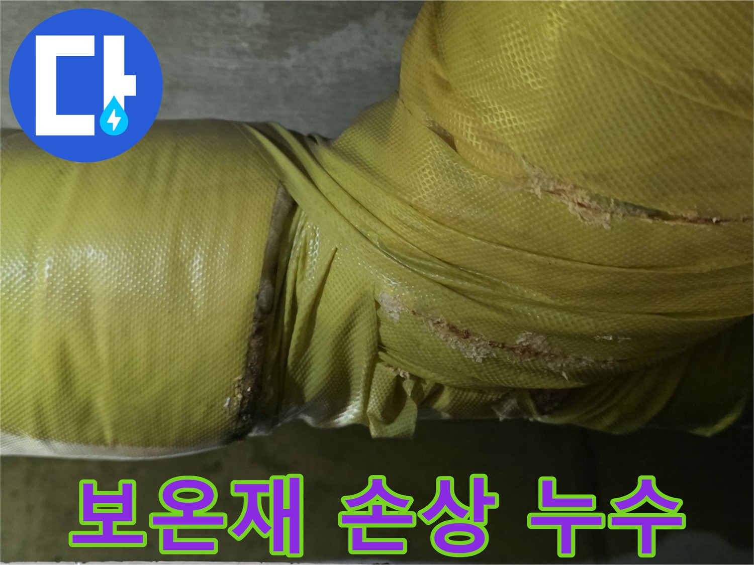 손상된 배관 보온재 - 습기 및 곰팡이 발생, 누수 가능성 증가