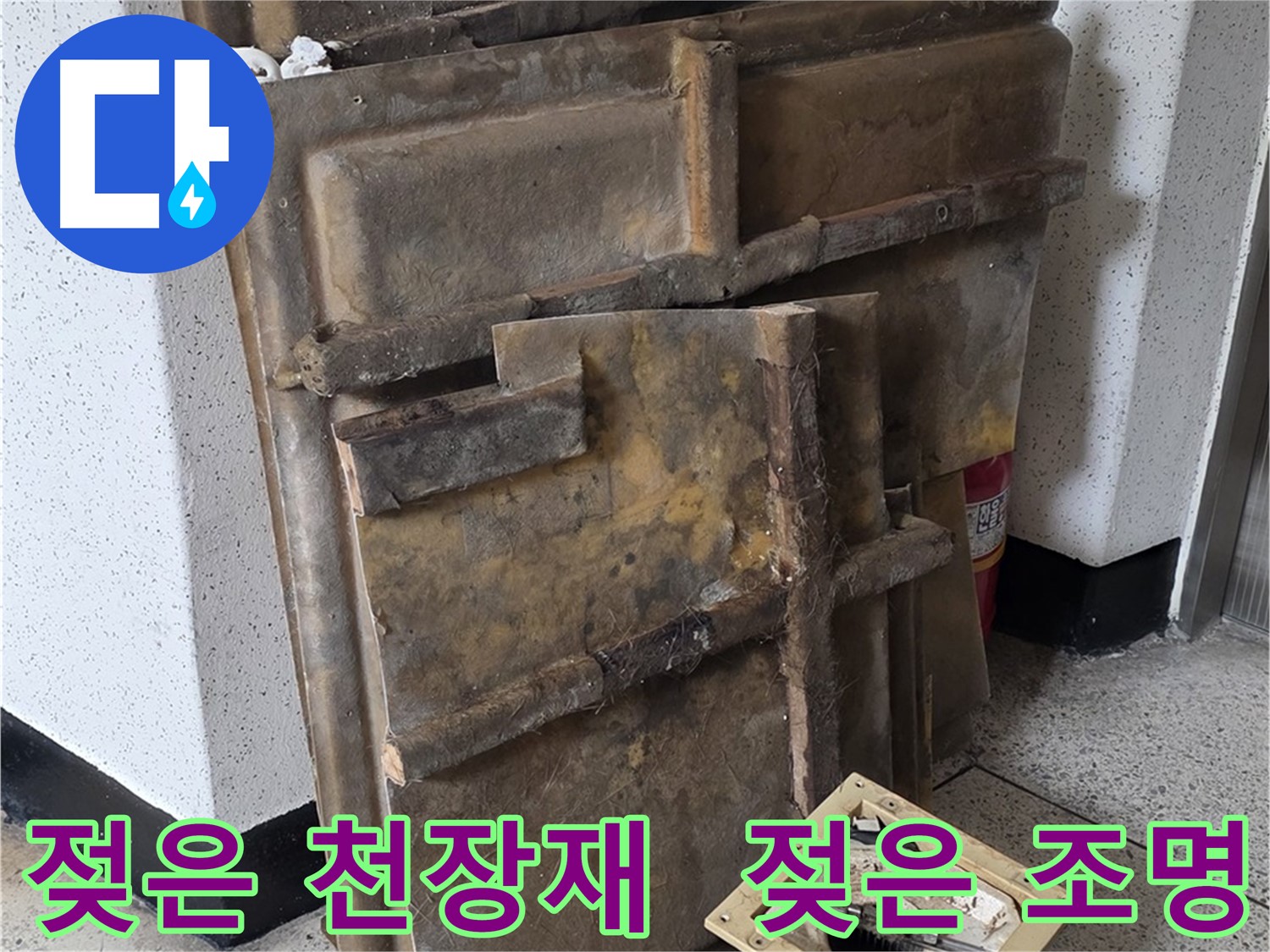 젖은 천장재와 조명 - 누수 심각성 확인