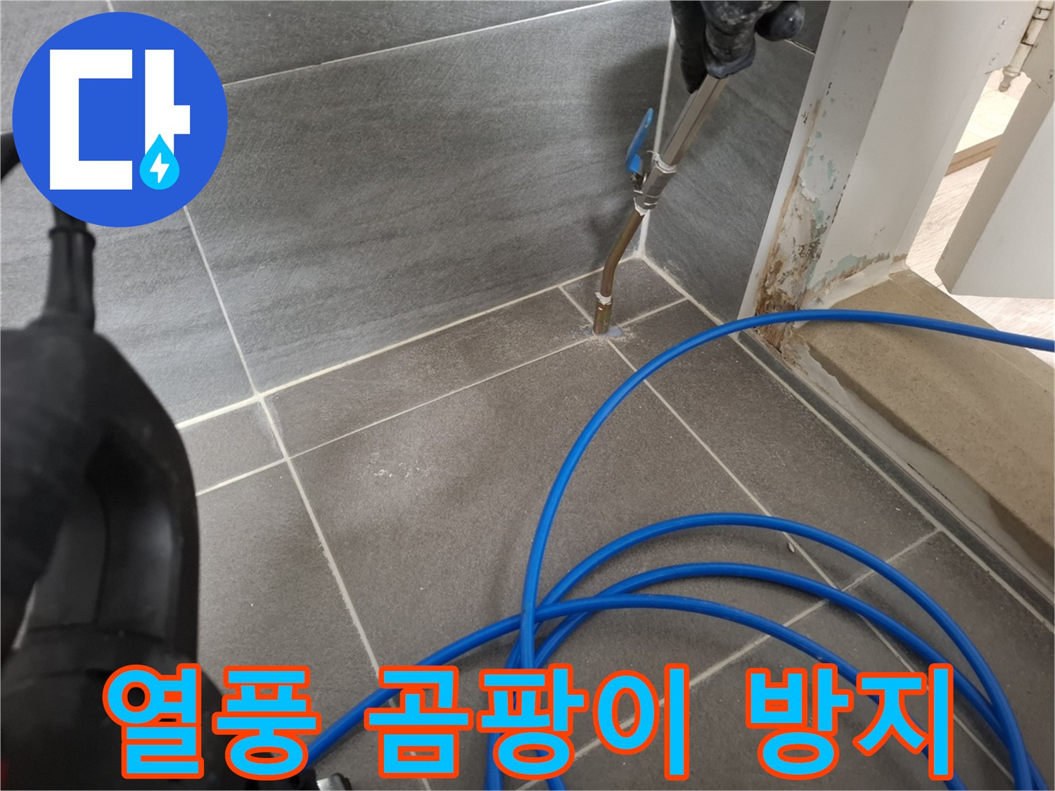 타일 틈새 열풍 건조 - 곰팡이 방지를 위해 꼼꼼하게 습기를 제거하는 모습입니다.