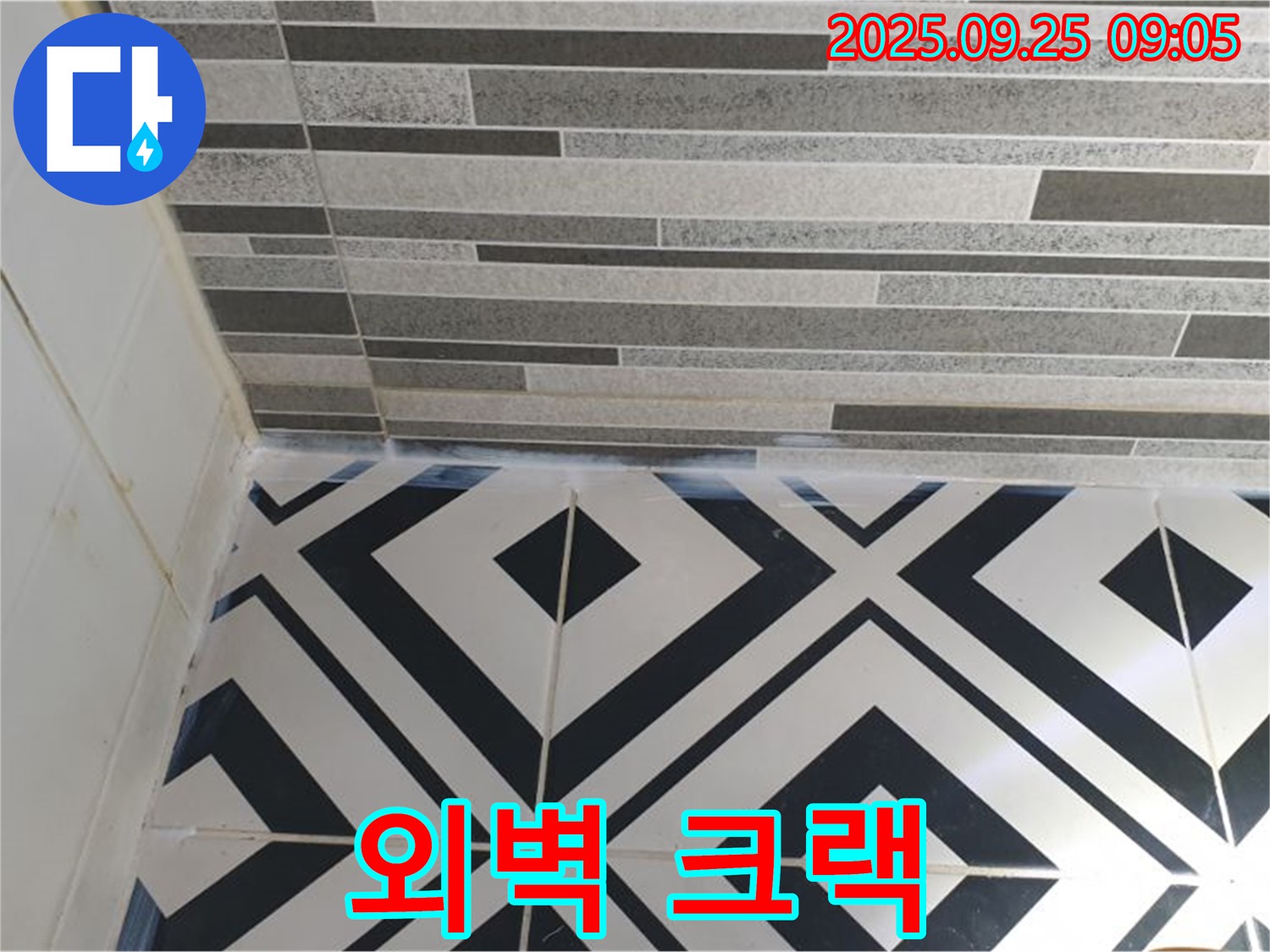 외벽 크랙 - 건물 외벽에 크랙이 발생한 모습입니다. 빗물이 스며들어 누수가 발생할 수 있습니다.