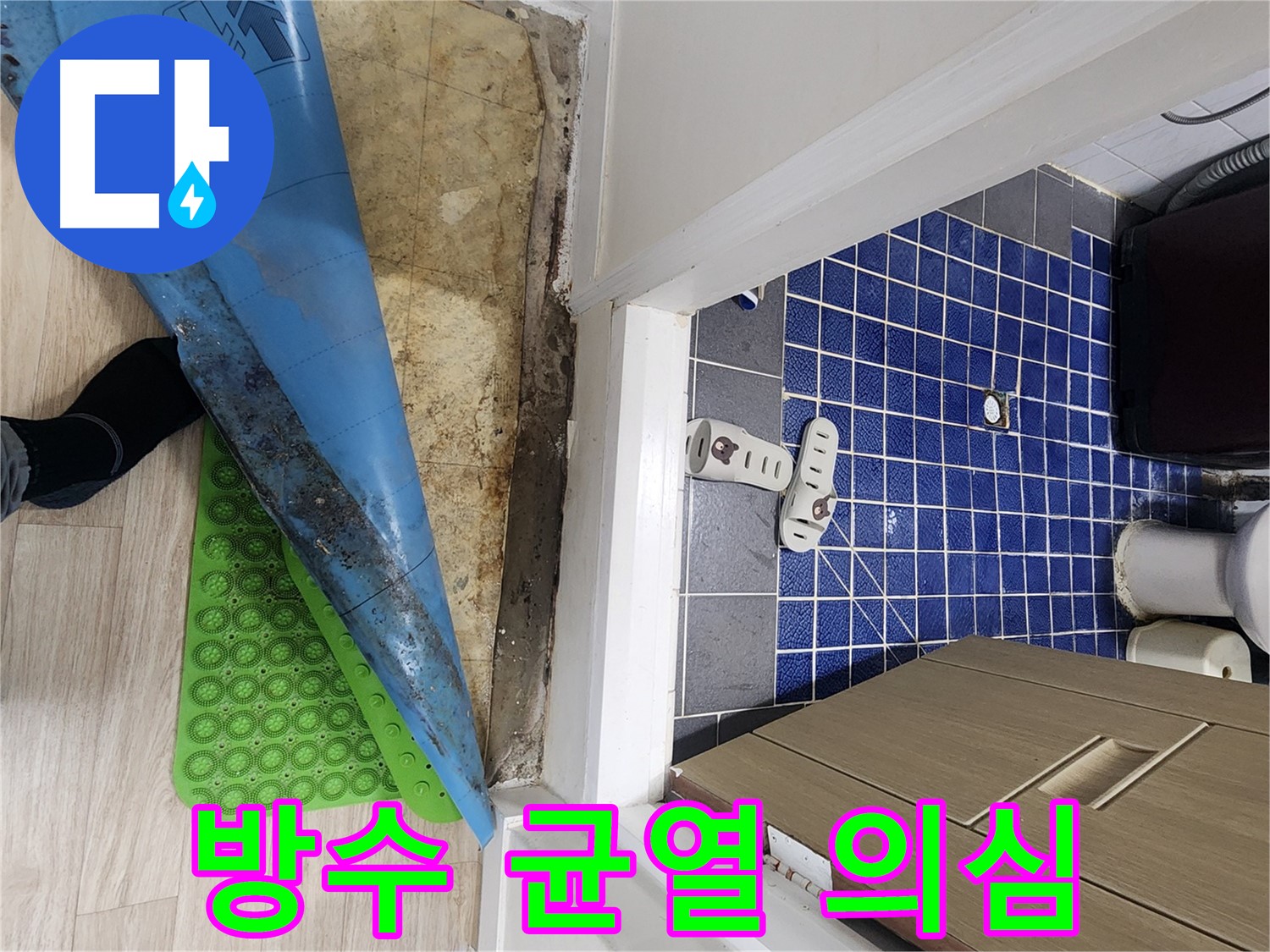 장판 아래 습기와 곰팡이 - 화장실 방수층 균열 의심
