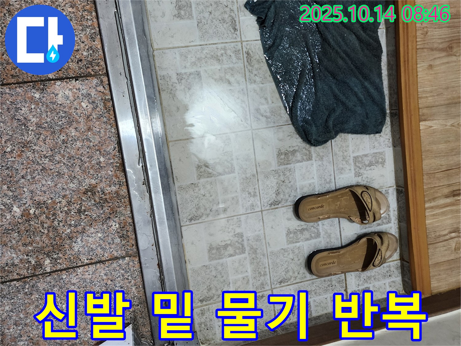 양주 두곡리 누수 점검 - 현관 앞 신발 밑에 물기가 계속 생긴다면 누수를 의심해야 합니다.