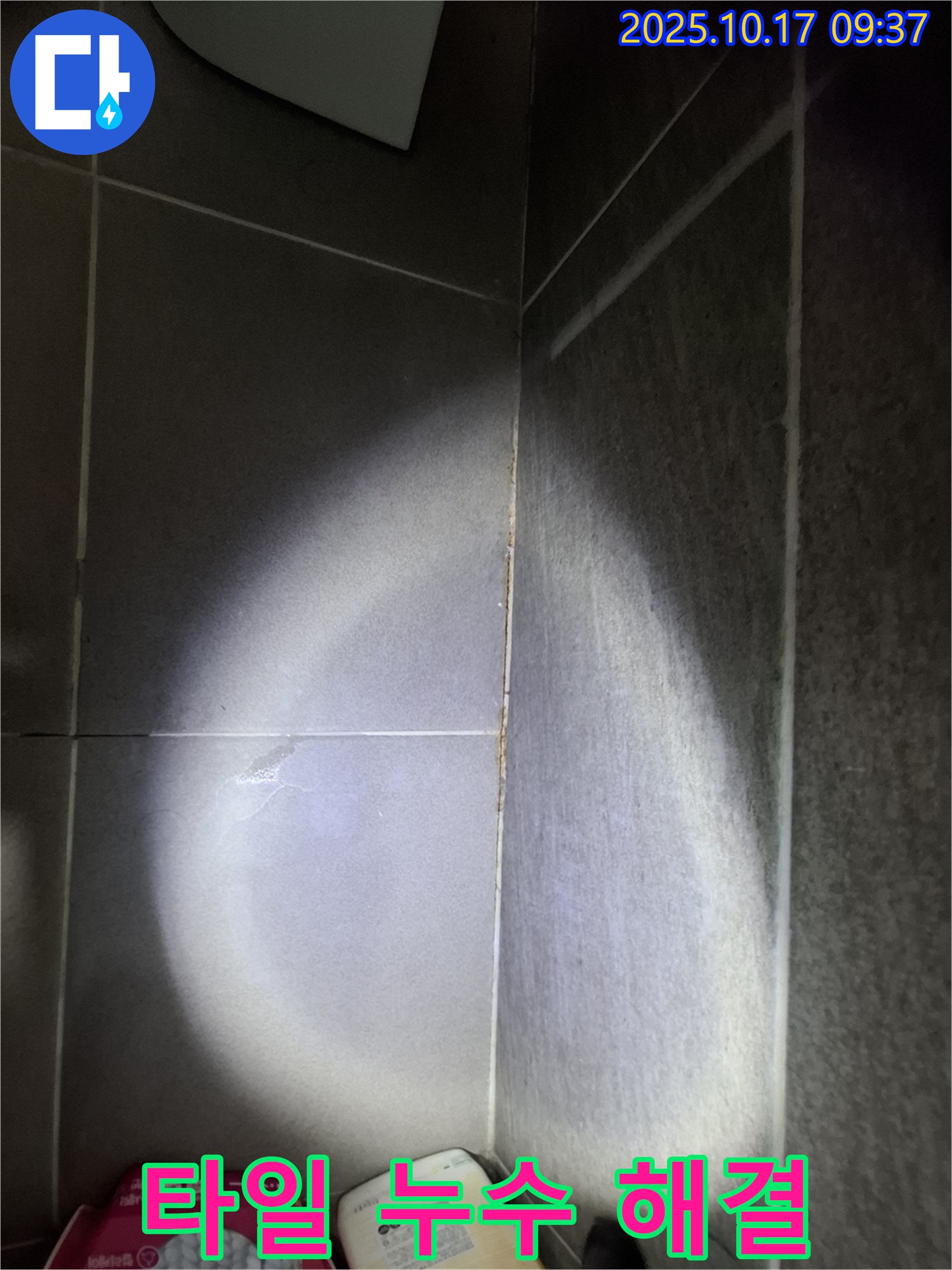 분당 봇들마을 아파트 타일 누수 해결 사례 - 누수 문제 해결 전후 사진을 비교하여 보여줍니다.
