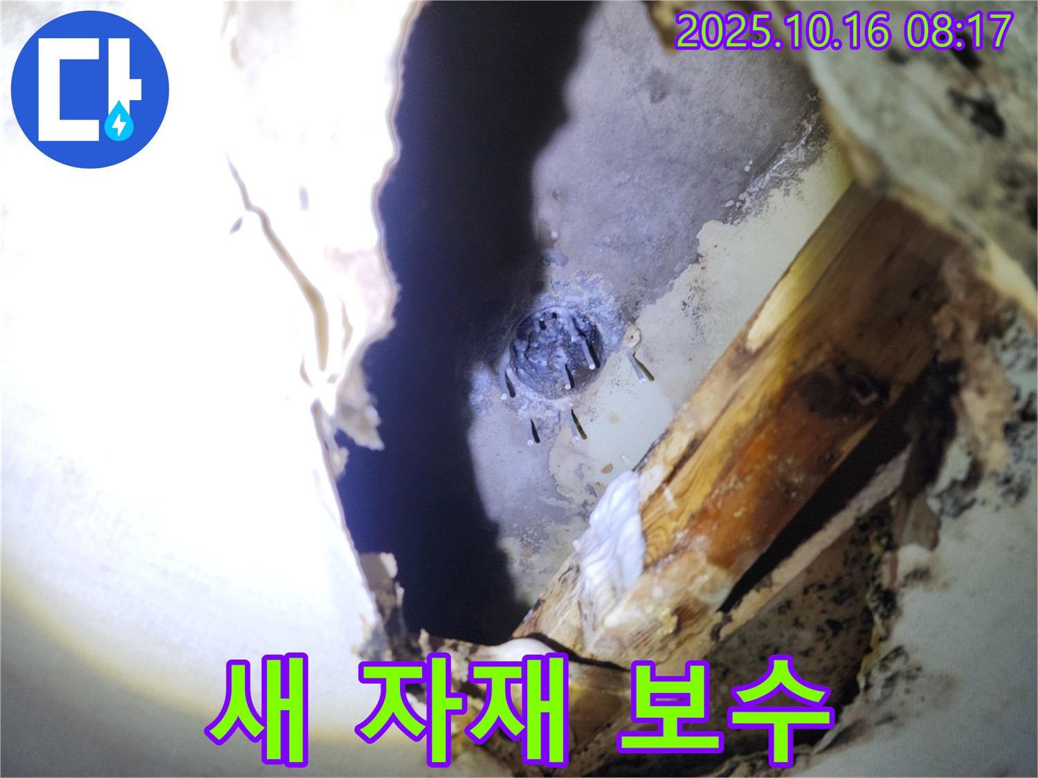 양주시 남면 천장 누수 - 백시멘트를 제거하고, 새로운 자재를 사용하여 꼼꼼하게 보수하고 있습니다.