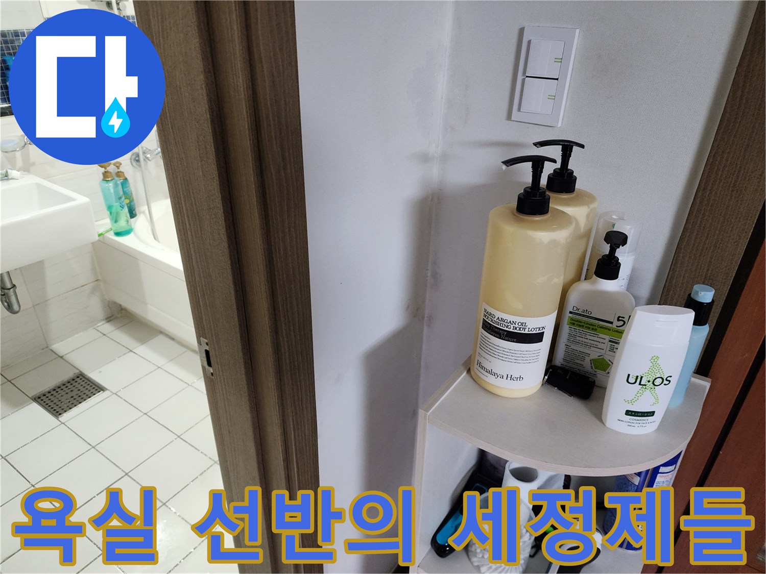 욕실 내부 선반에 놓인 다양한 욕실용품과 세정제 병들