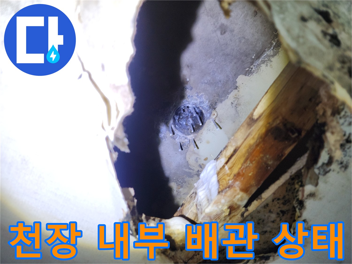 주방 천장 절개 후 노출된 배관과 젖은 부위 - 점검 중