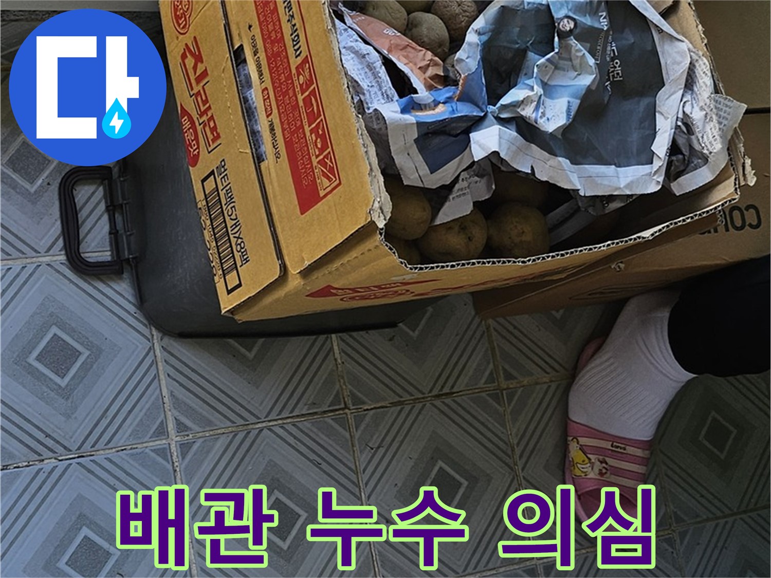 양천구 누수 현장, 감자 박스 뒤 배관 - 누수의 주범일 가능성이 있어 정밀 검사를 진행하고 있습니다.