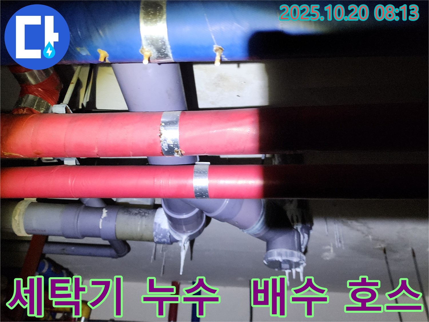 양주시 장흥면 석현리 세탁기 누수 - 세탁기 배수 호스 연결 부위에서 누수가 발생한 모습입니다.