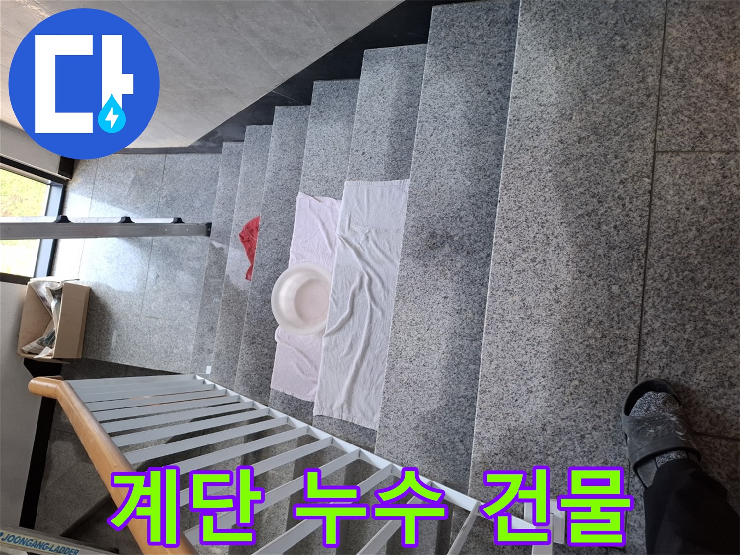 흥건한 물 - 다세대 주택 계단 누수, 건물 안전 위협