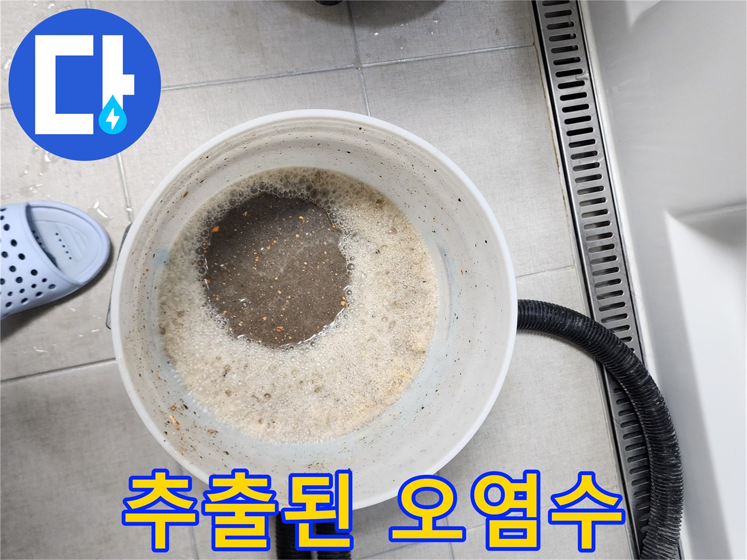 양동이 속의 거품 섞인 탁한 물과 검은색 진공 호스