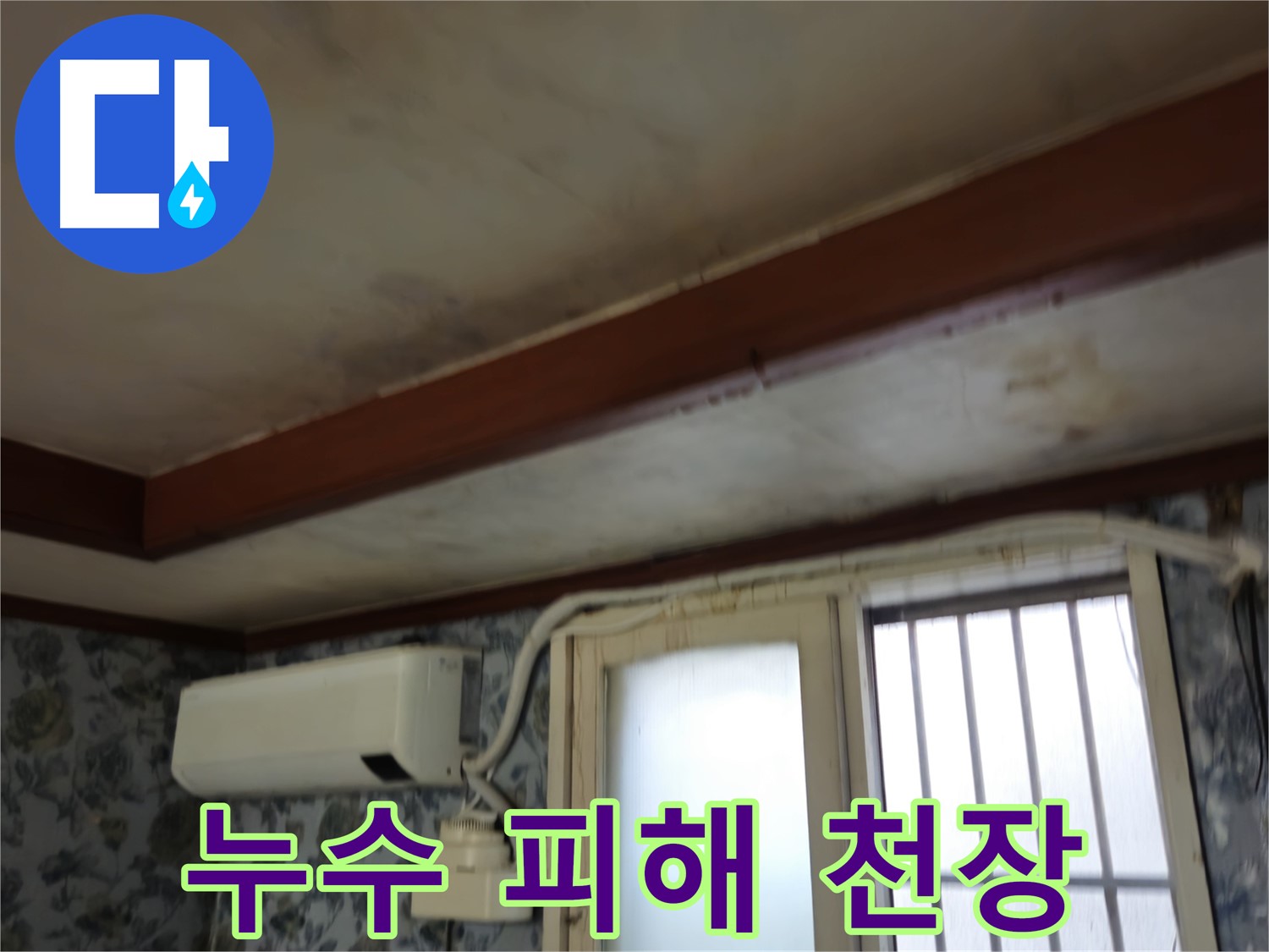천장 누수 흔적 - 장기간 누수 및 곰팡이 발생 가능성