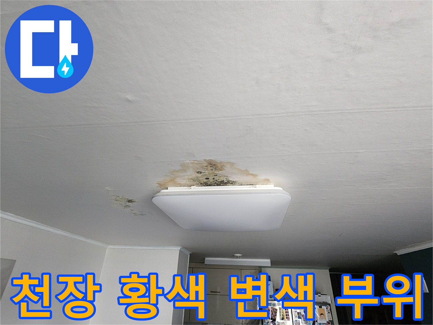천장 조명 주변-습기로 인한 천장재 오염 및 변색