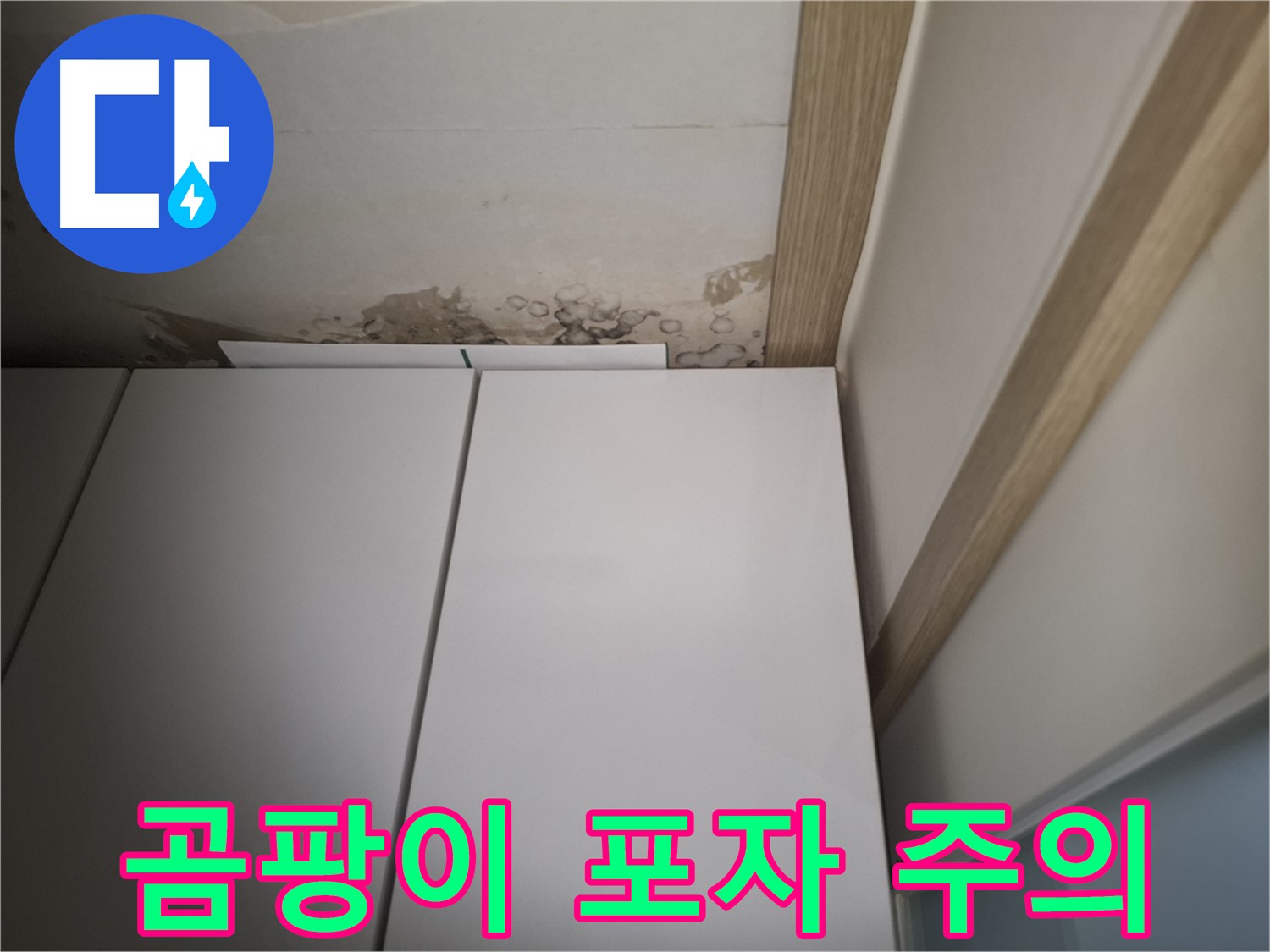 장롱 위 천장 누수로 인해 곰팡이 포자가 퍼질 수 있음을 경고하는 사진입니다.