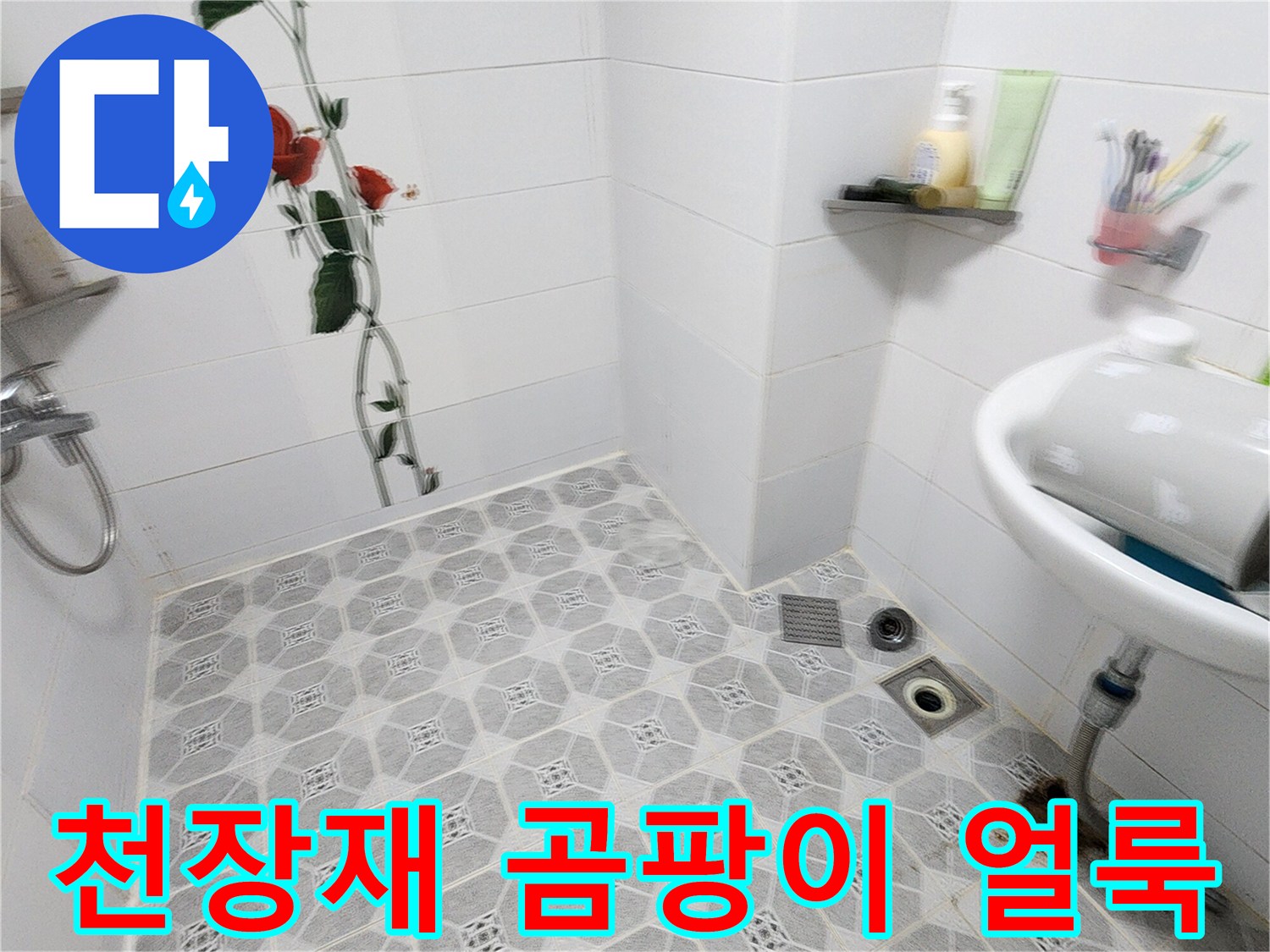 습기로 인해 변색된 욕실 천장 마감재와 배관 연결 부위