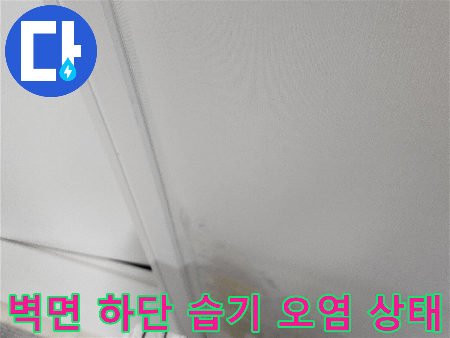 벽지 하단부가 젖어 들뜨고 누런 얼룩이 생긴 모습