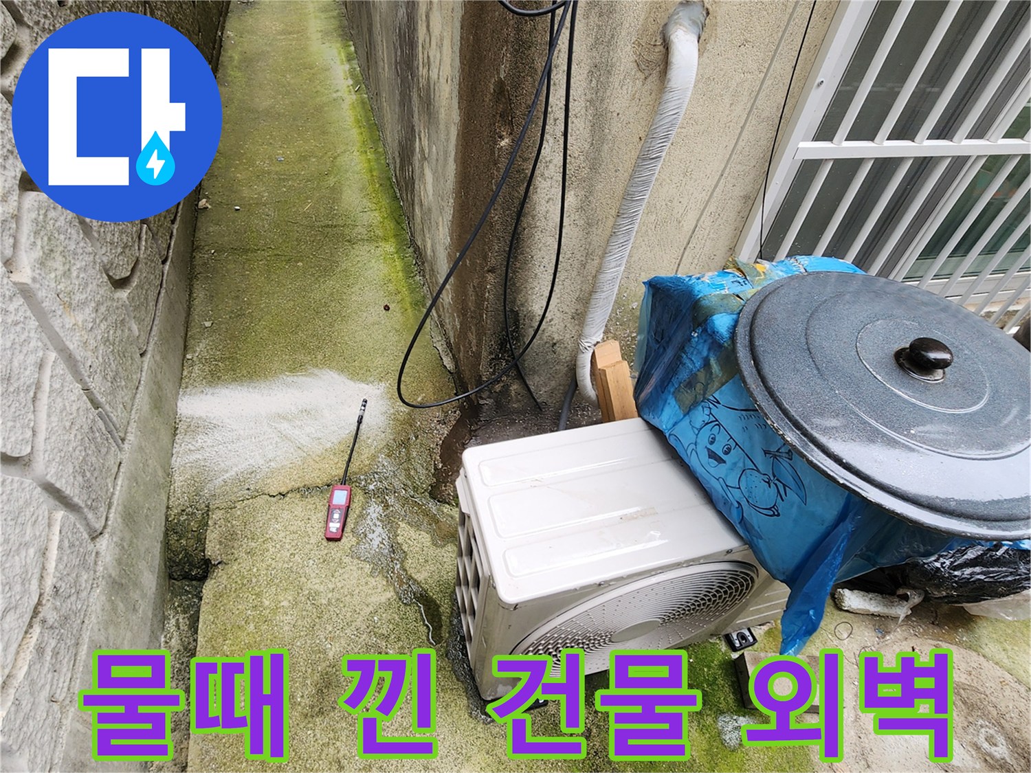물때와 이끼가 발생한 건물 외벽과 주변 통로 모습