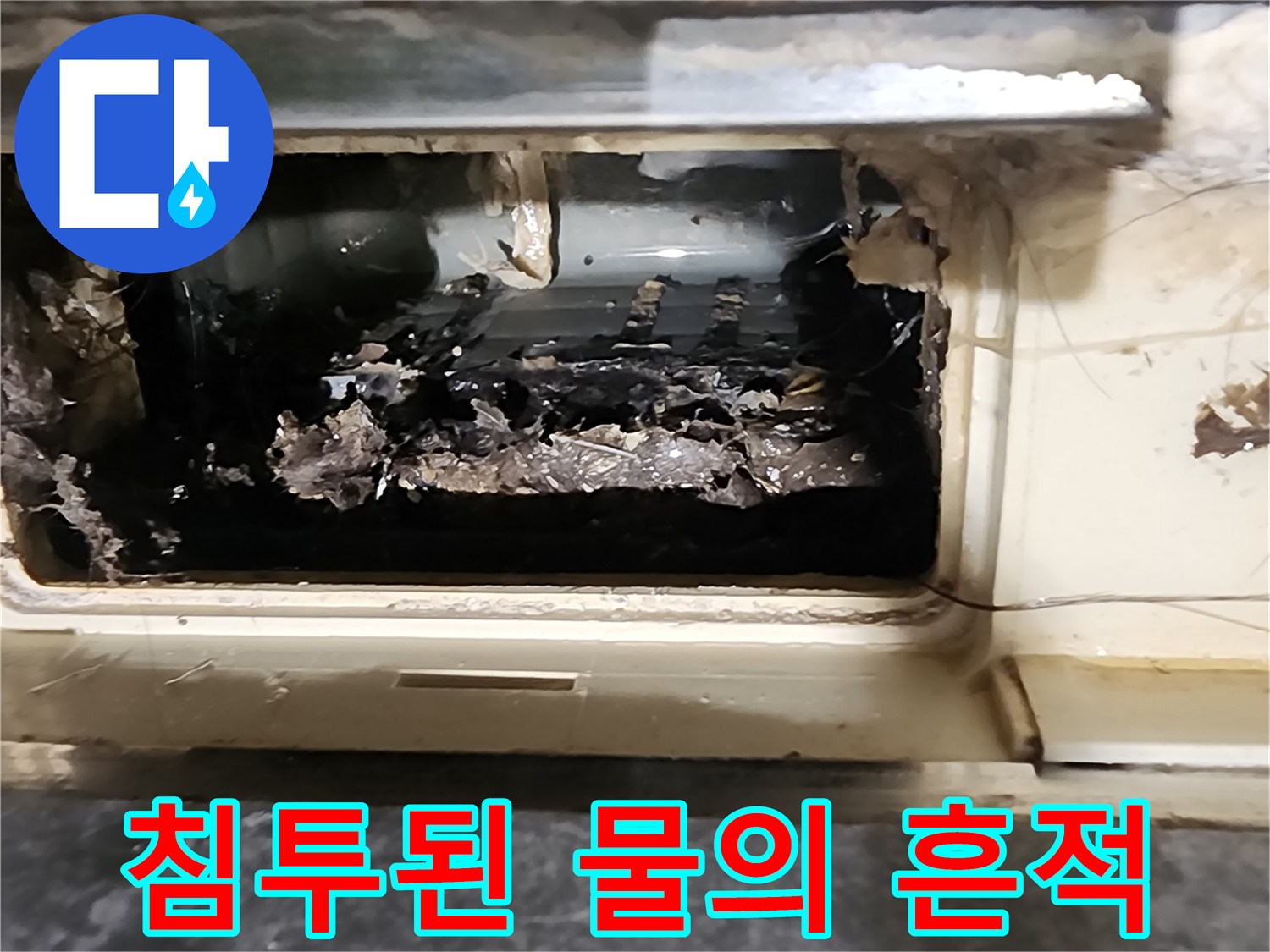 배수구 내부의 습기와 오염물로 인한 변색 상태입니다.