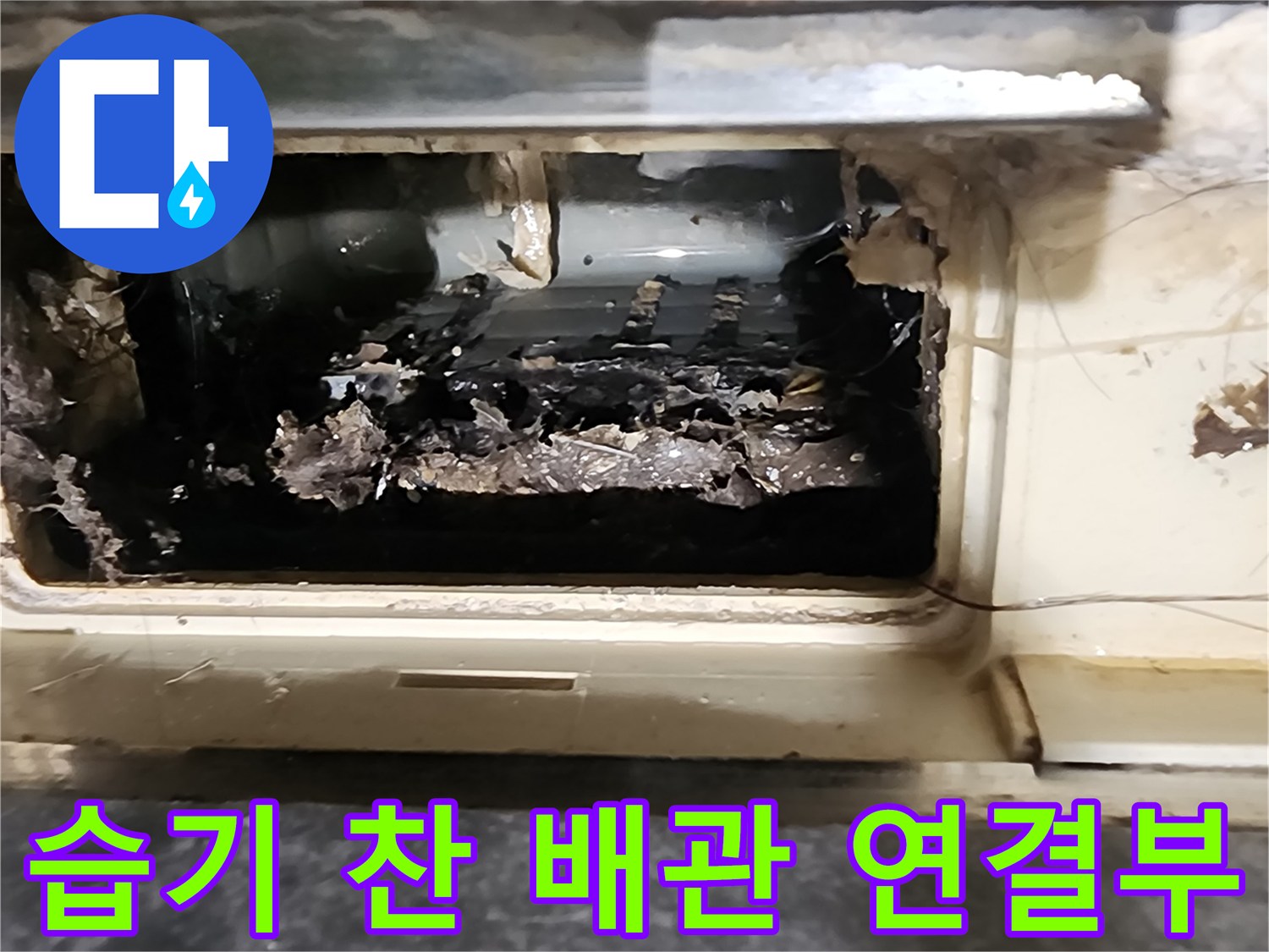 오염된 이물질로 가득한 싱크대 하단 배관 부위