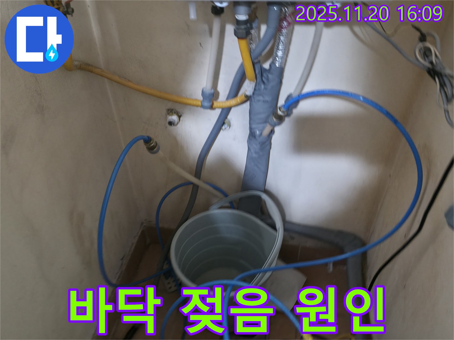 삼전동 장수빌-바닥이 젖어 임시로 양동이를 놓은 현장에서-누수 전문가가 원인을 규명하고 있습니다.