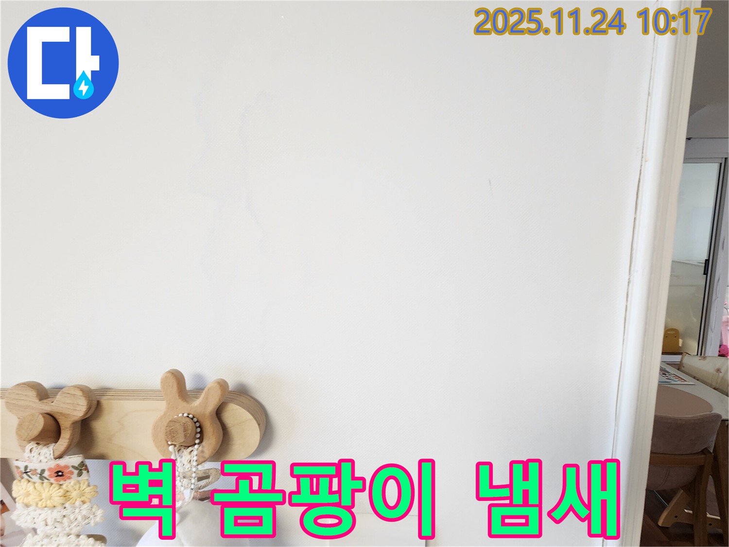 벽에 곰팡이가 피고 냄새가 나는 사진 - 금현리 누수탐지 업체에서 곰팡이와 냄새가 동반된 누수 상황의 긴급성을 강조하며 점검 과정을 보여줍니다.