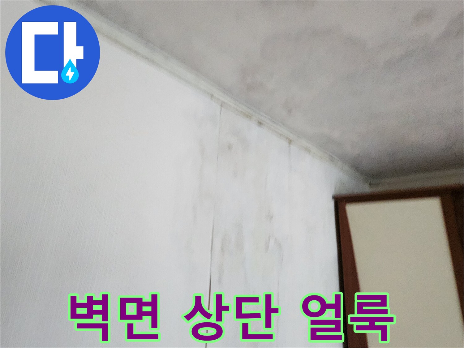 습기로 오염된 천장과 벽지의 경계 부분 모습