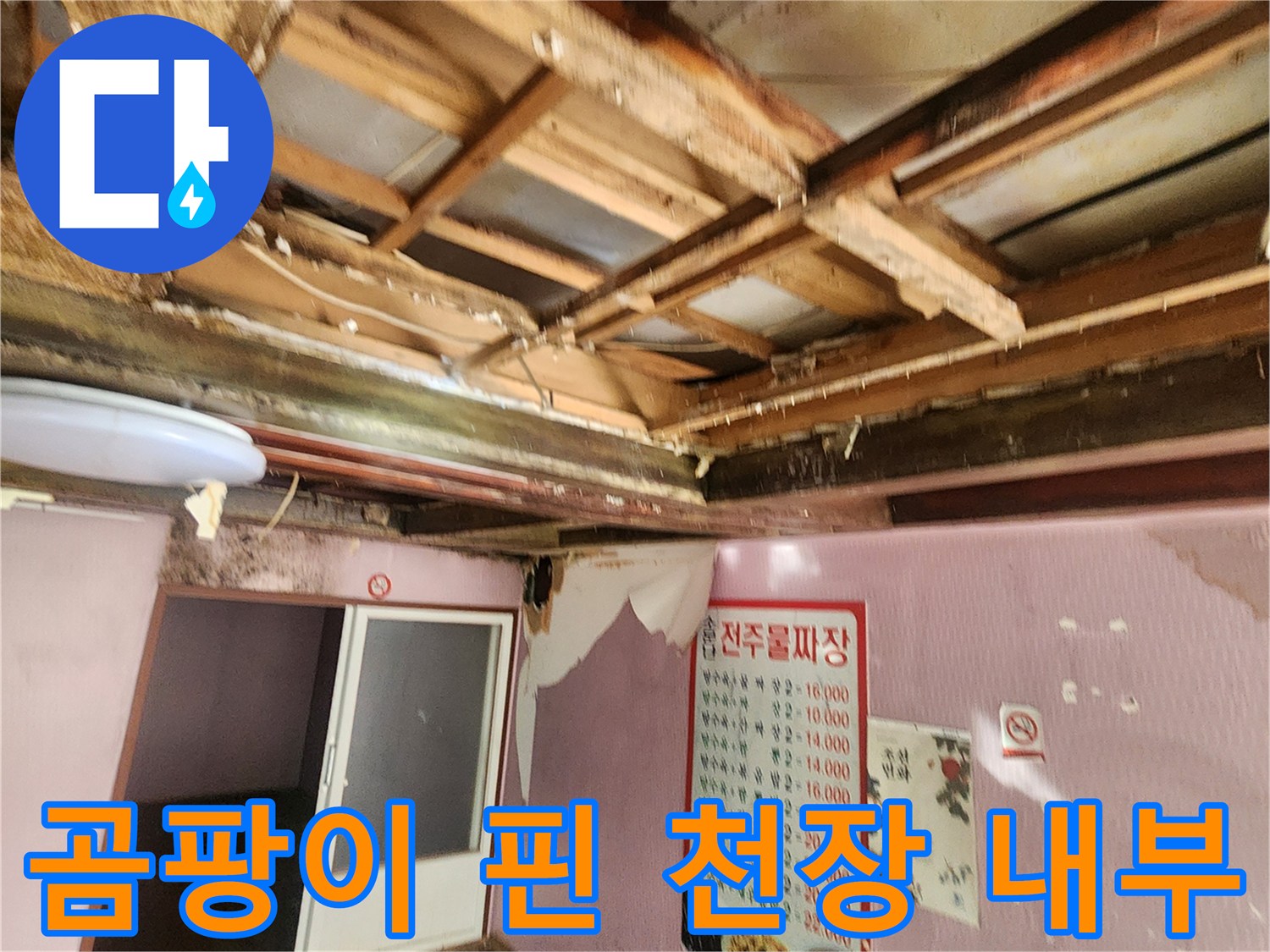 습기와 곰팡이가 발생한 천장 내부 목재와 마감재 상태