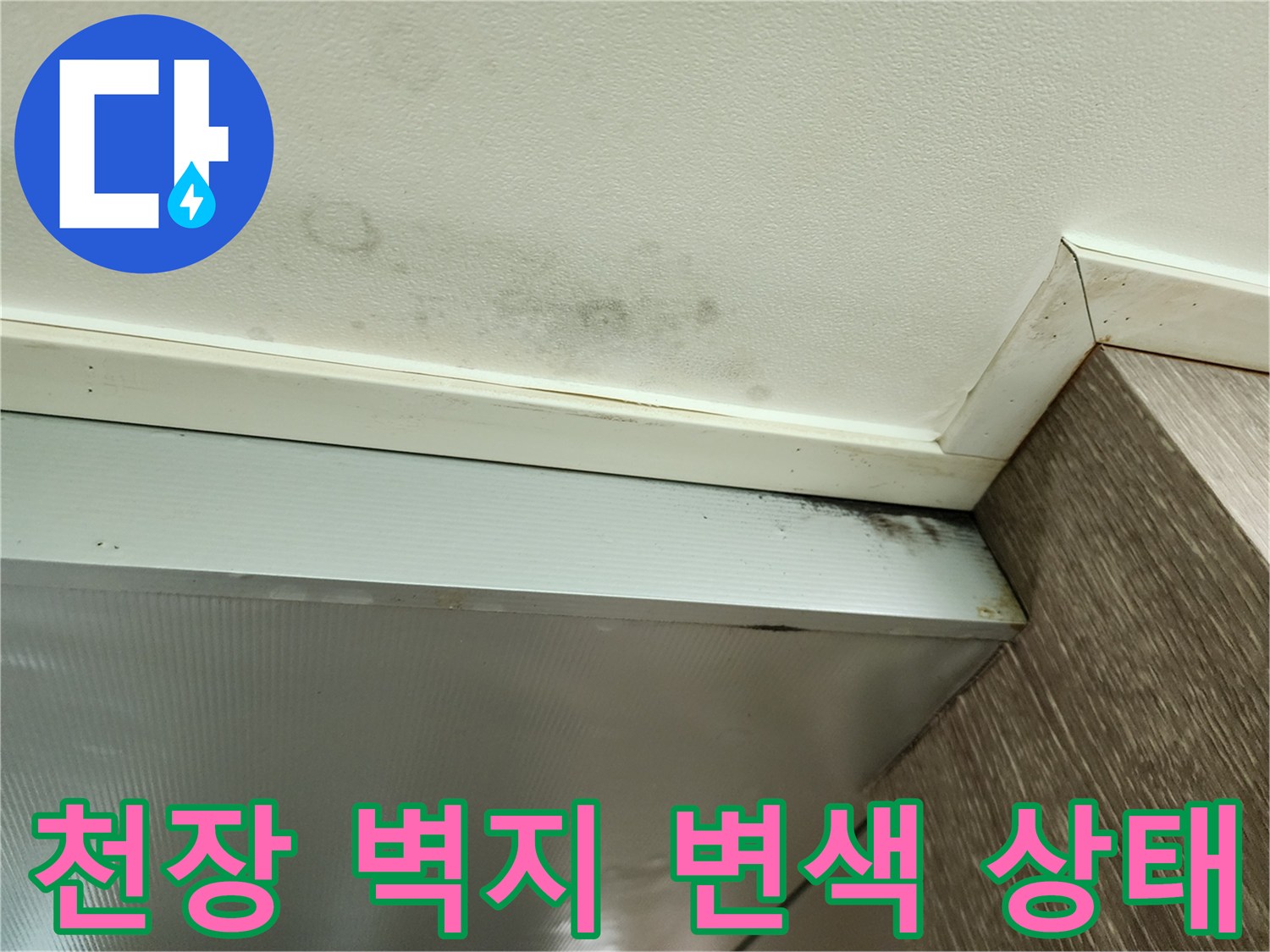 천장 몰딩과 벽면 사이의 어두운 얼룩 부위