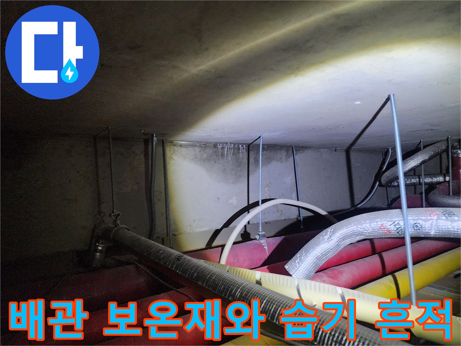 천장 하부의 은색 보온재 배관과 젖은 듯한 벽면 상태