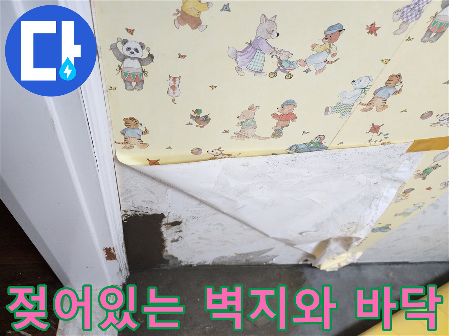벽지 하단이 젖고 들떠있는 현장 사진입니다.