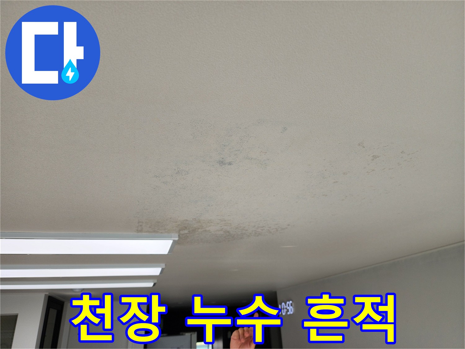 천장 마감재에 남은 누수 흔적과 오염 부위
