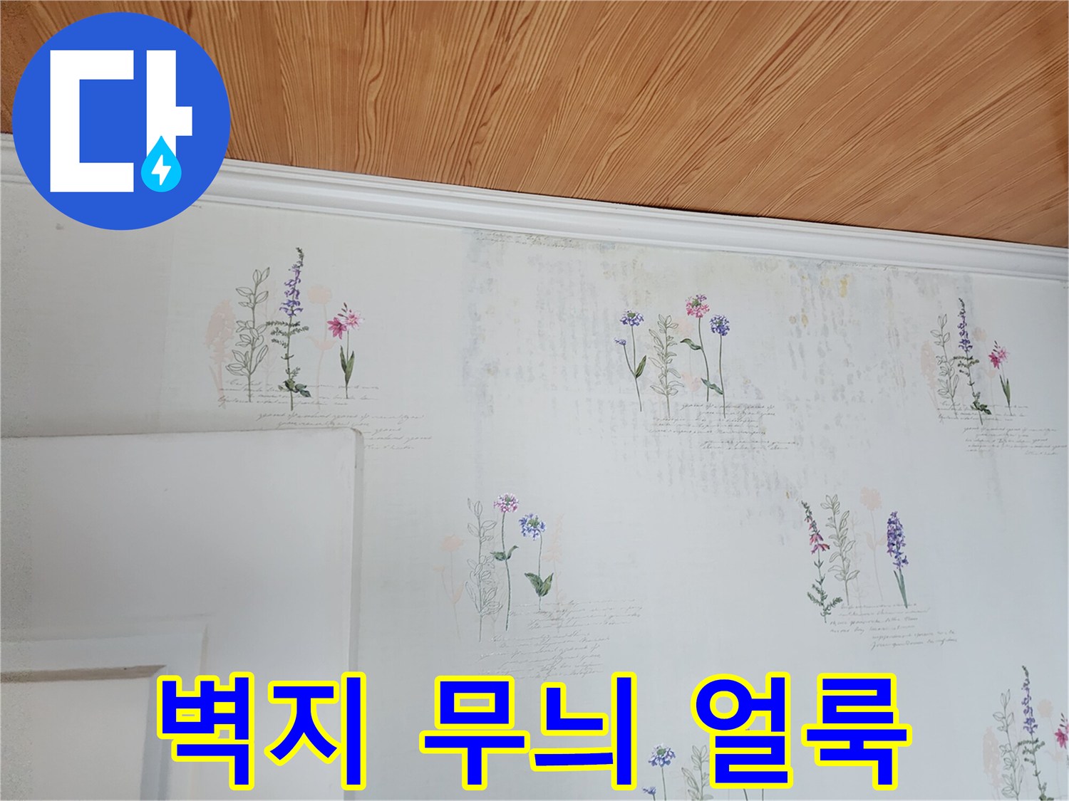 천장 벽지의 꽃무늬 패턴 위로 보이는 변색된 부위 사진