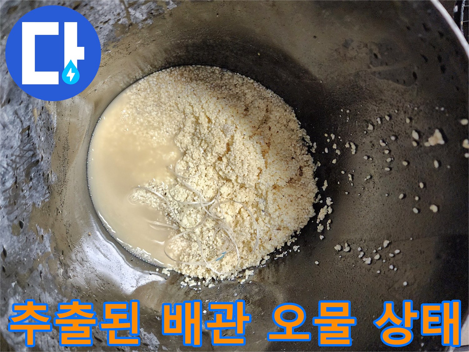 작업용 버킷에-모인 배수관 내부의 기름 찌꺼기와 오수
