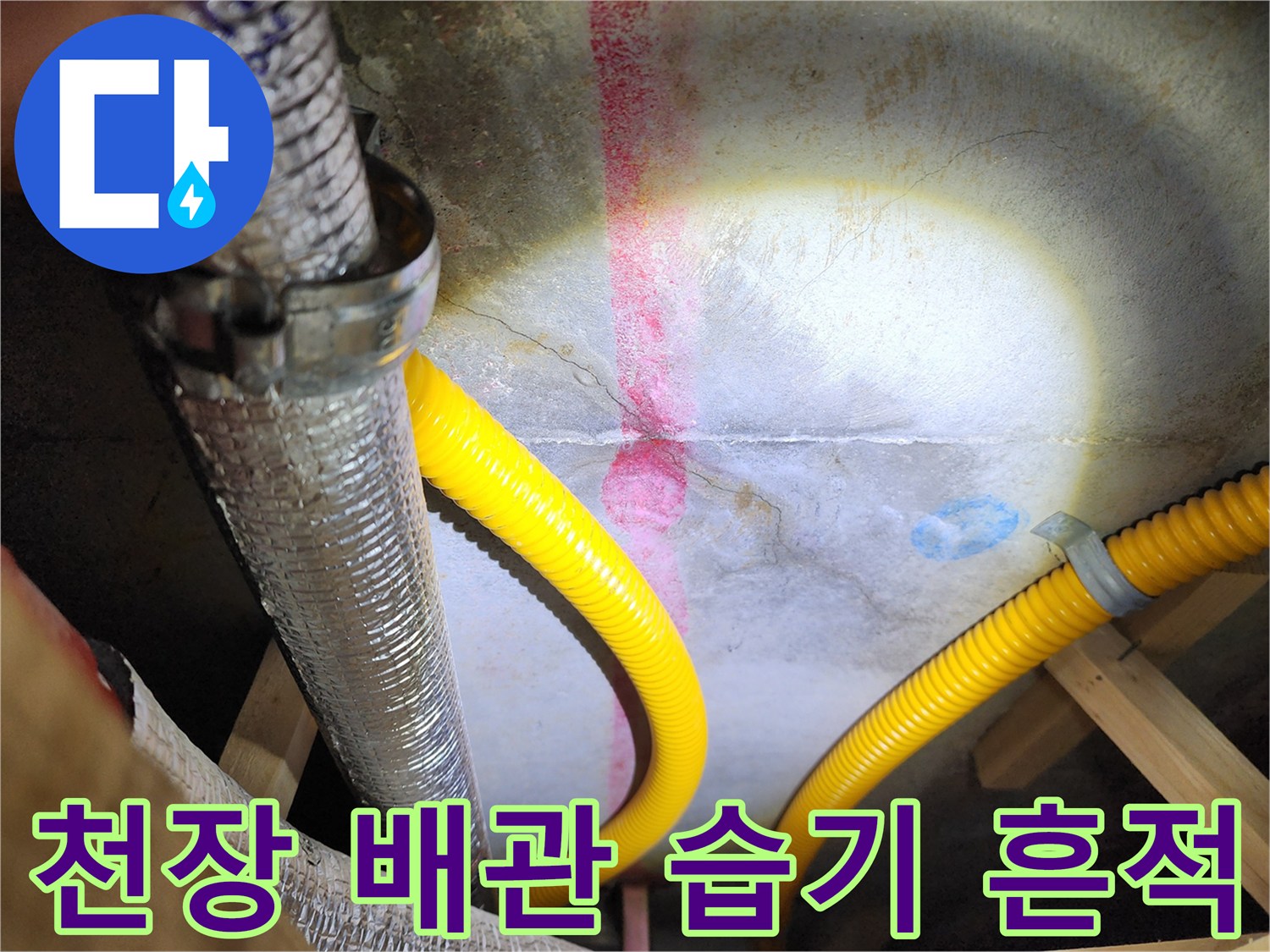 습기로 인해 분홍빛으로 변한 천장 마감재와 배관 부위