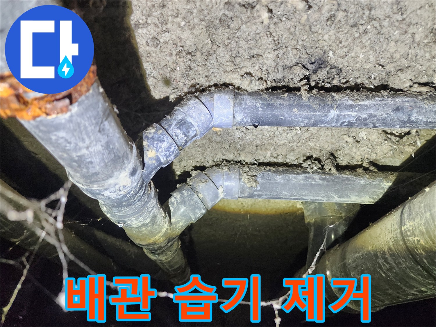 성북구 보문동 아남아파트 지하실 천장 배관 주변 누수로 인한 습기 제거 작업