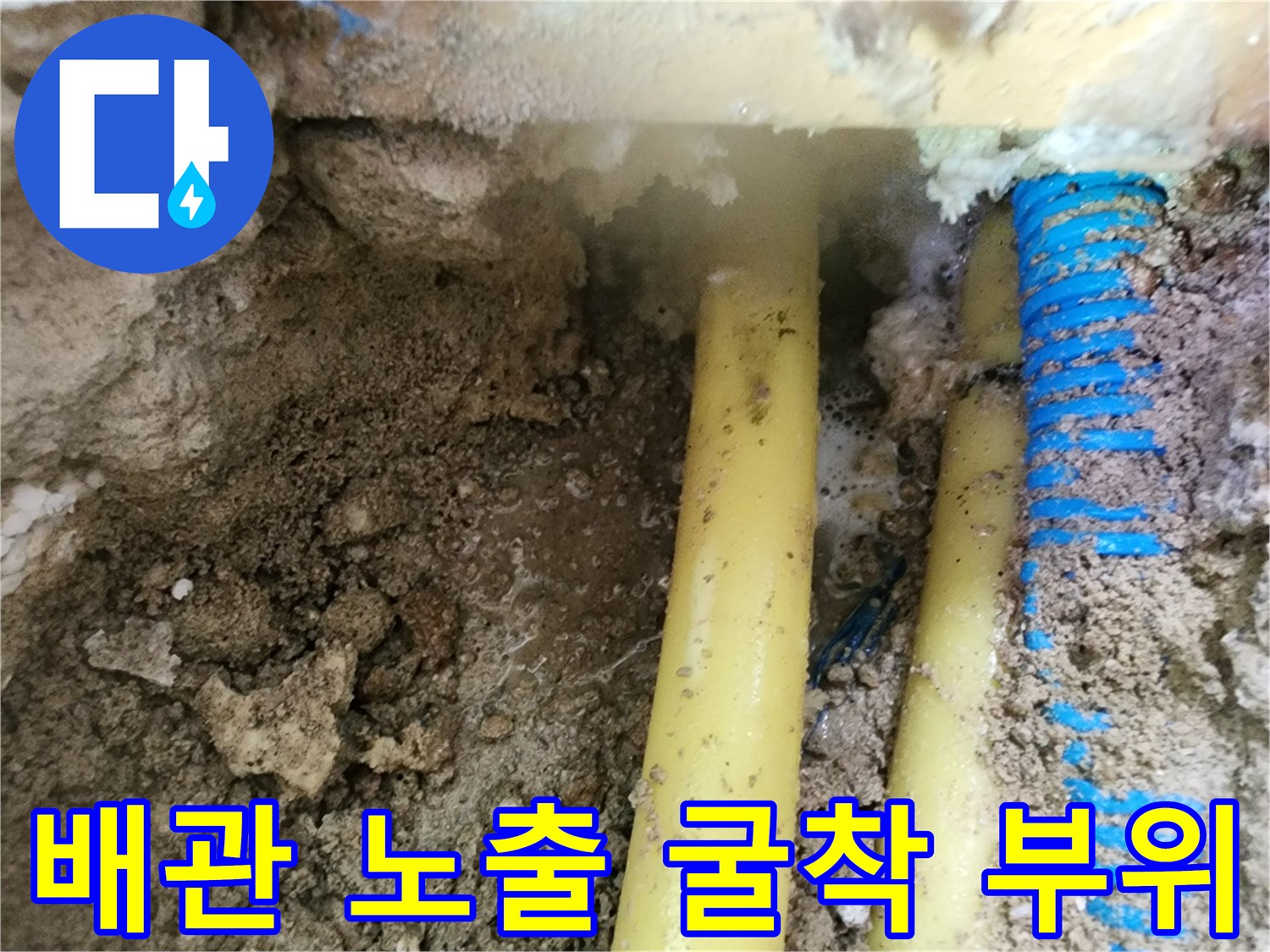 젖은 흙과 함께 드러난 노란색 및 파란색 배관의 모습