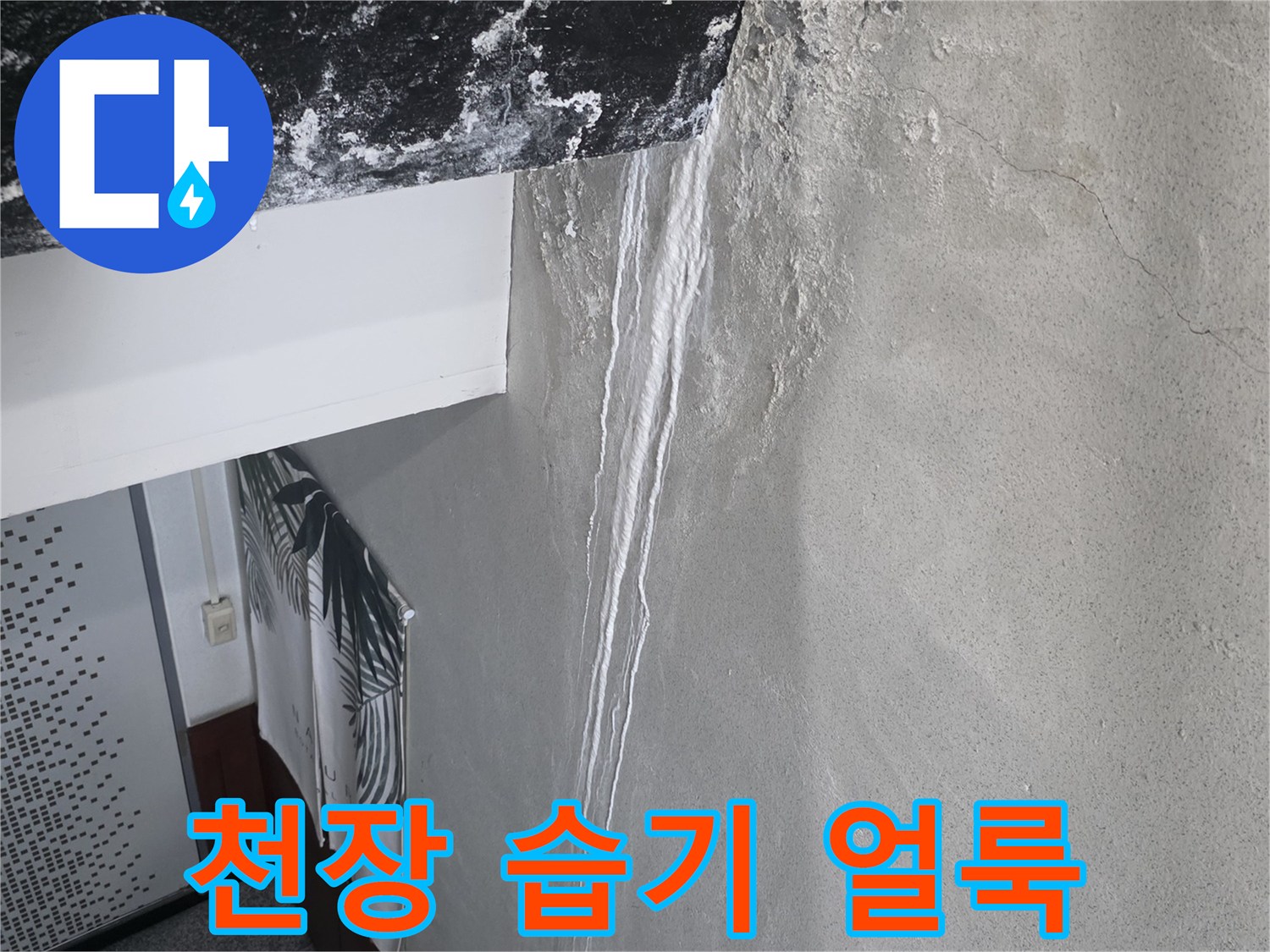 천장 마감재에 나타난 습기 침투 흔적과 균열선
