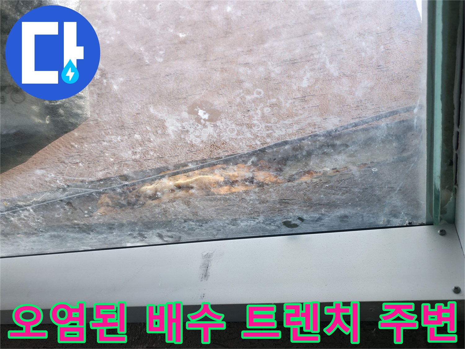 물때와 오염이 심한-상가 주방 배수 트렌치 부위