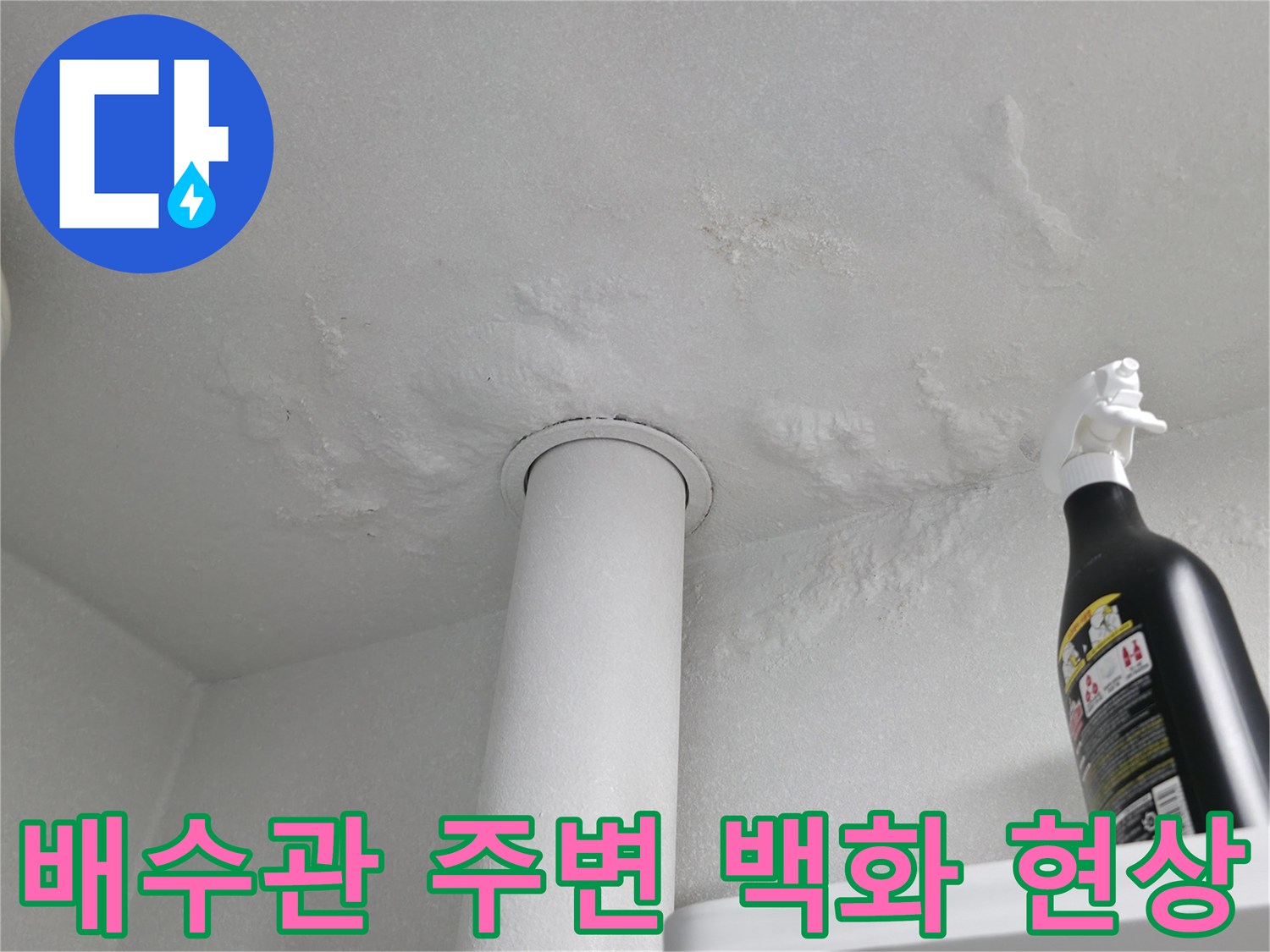 천장 배관 연결 부근에 발생한 흰색 백화 자국과 누수 흔적 사진