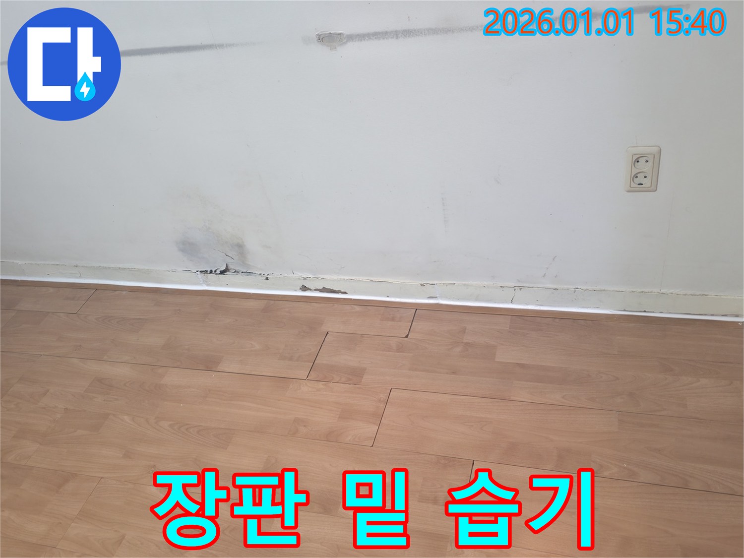 장판 밑 습기 - 누수로 인해 장판 밑에 습기가 찬 모습입니다.