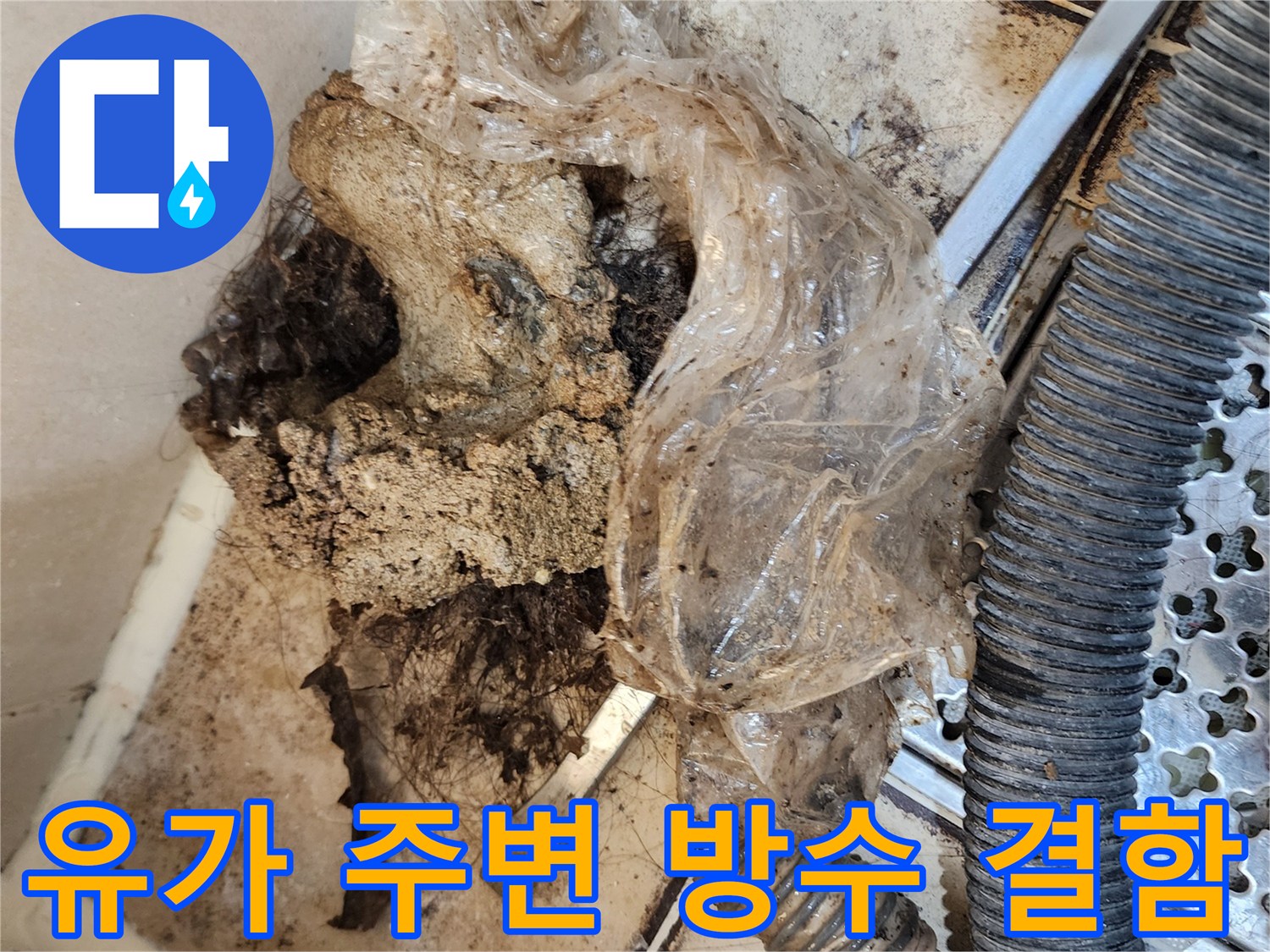 배수구 틈새에 가득 찬 오염된 이물질